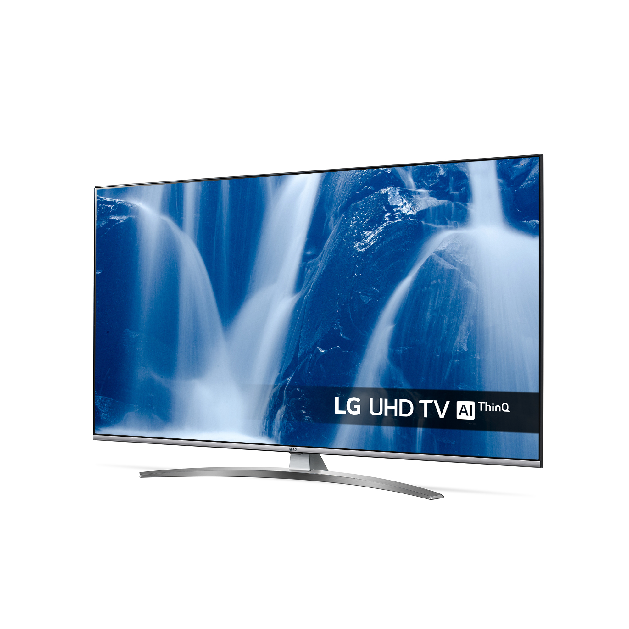 Un TV LG UHD con base curva mostra una scena di cascata. Lo schermo mostra il logo LG UHD TV AI ThinQ.