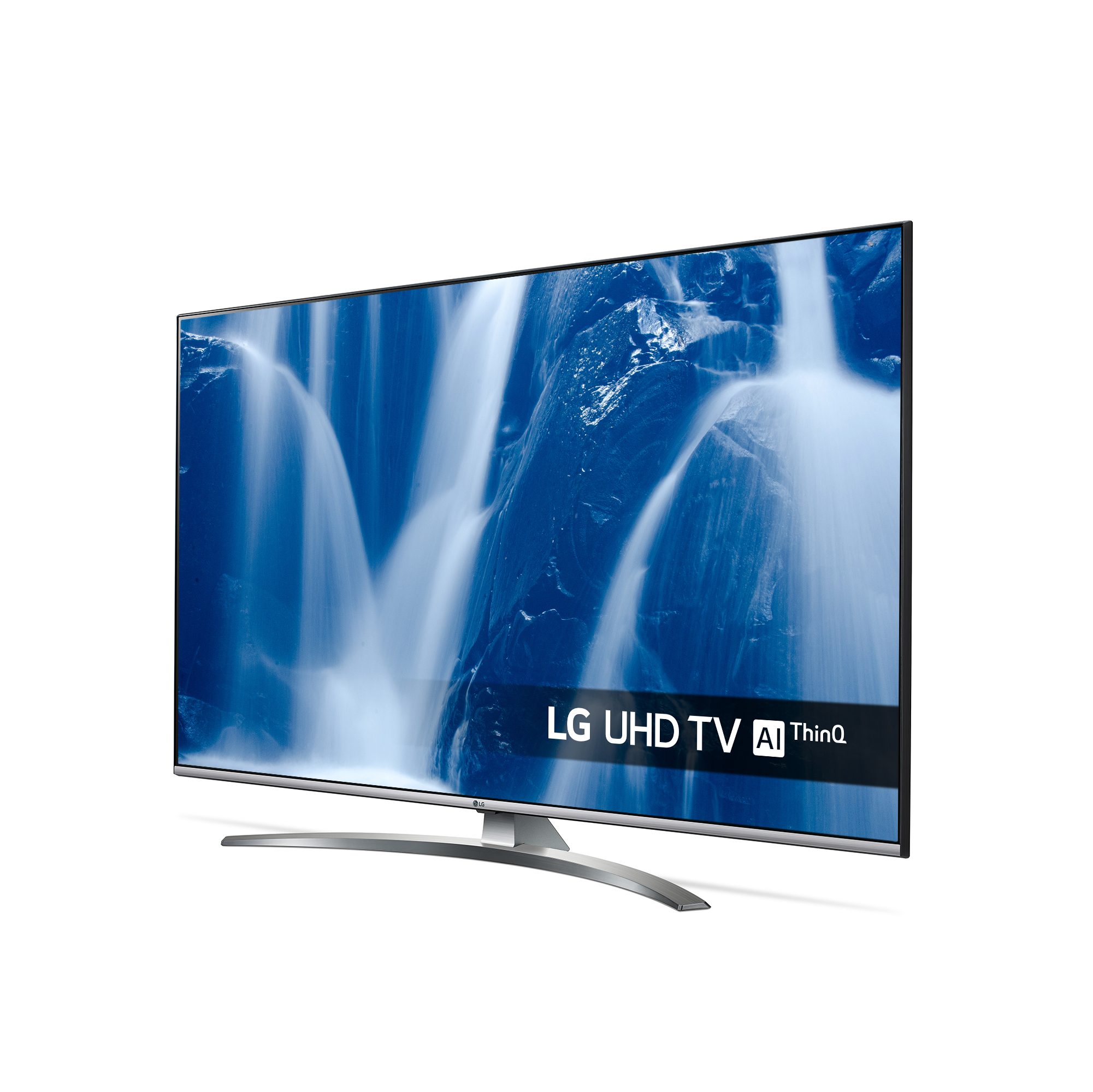 Un televisore LG UHD che mostra una scena di cascata su sfondo bianco. Il televisore ha un supporto argentato.