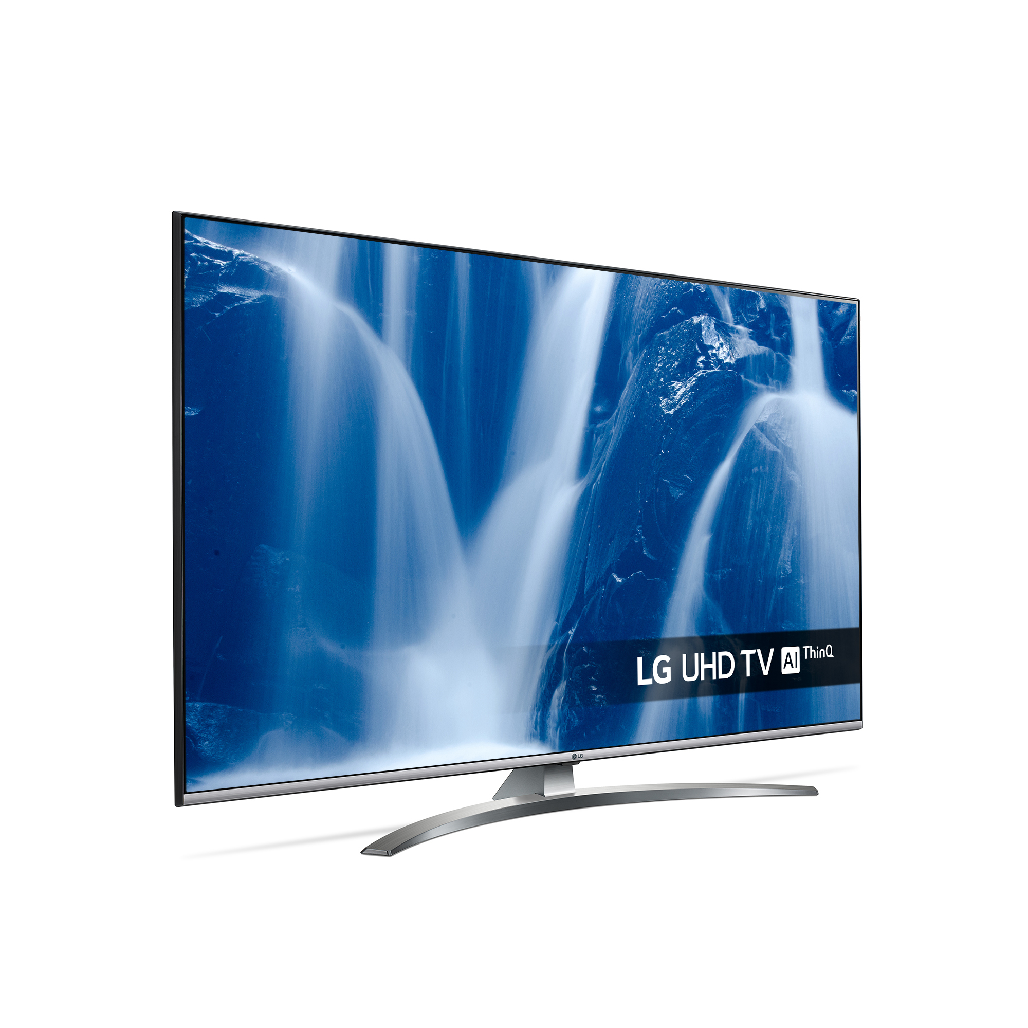 TV LG UHD che mostra una cascata, supporto curvo argentato, sfondo bianco.