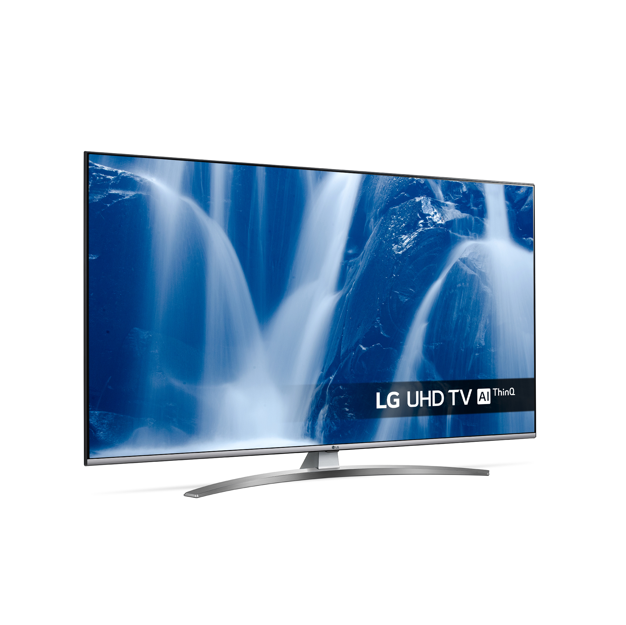 Grande TV che mostra un paesaggio di cascata, con marchio LG UHD TV.