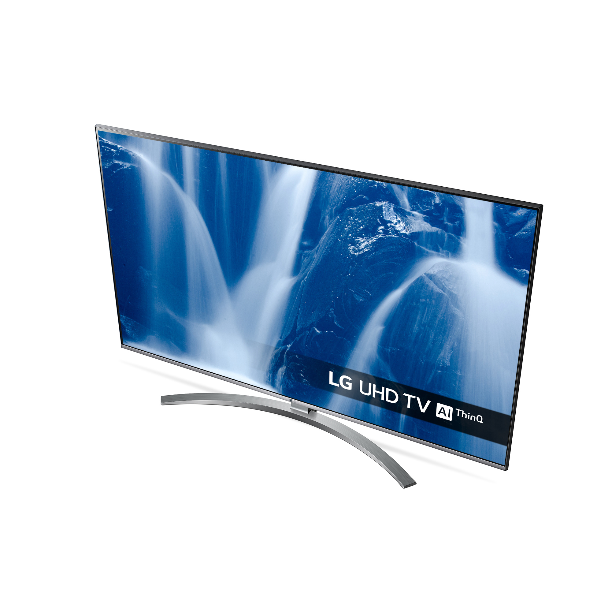 TV LG UHD curvo, che mostra una scena di cascata sullo schermo, su sfondo bianco.