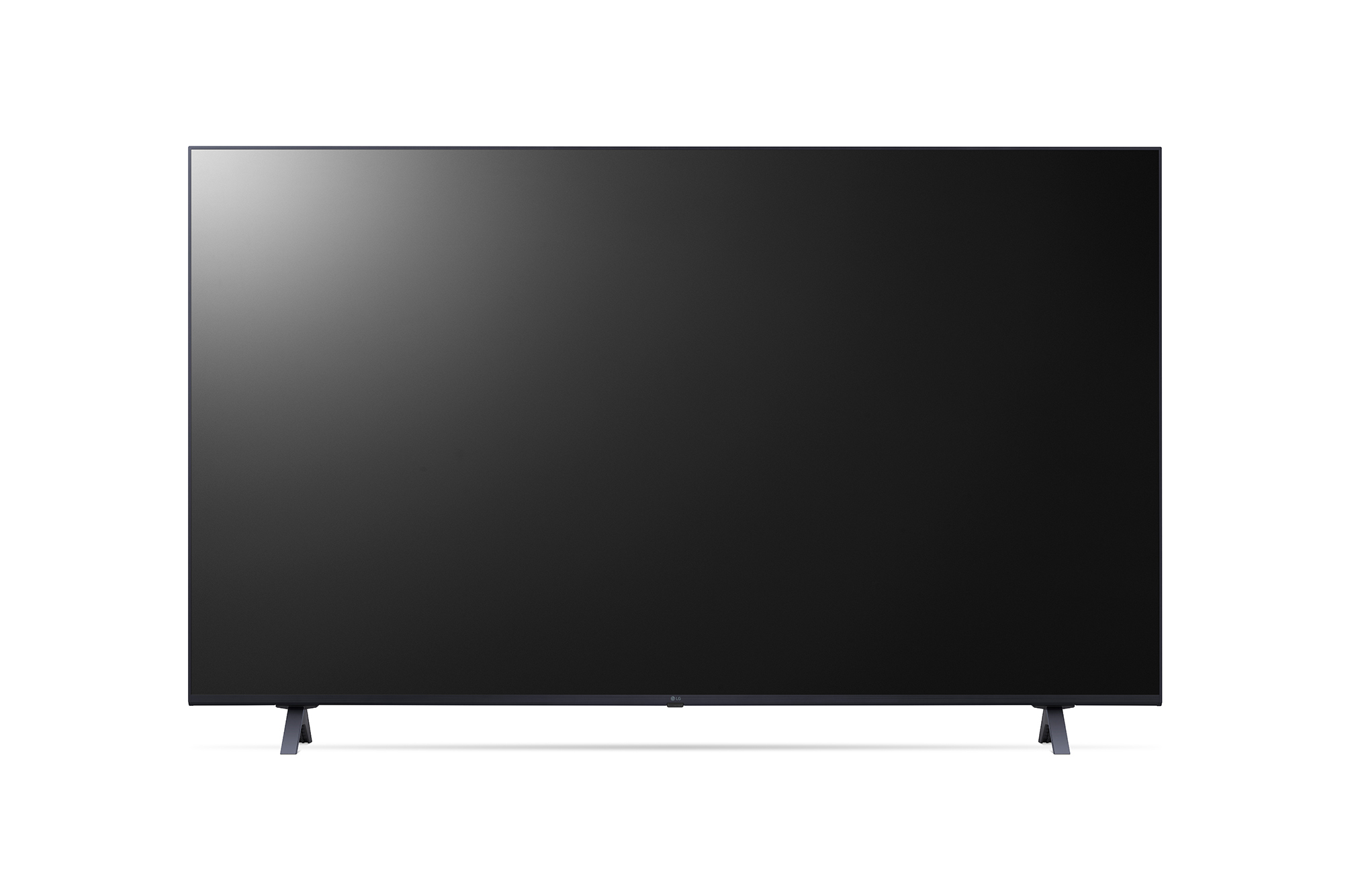Televisor de pantalla plana negro con patas delgadas, sobre un fondo blanco.
