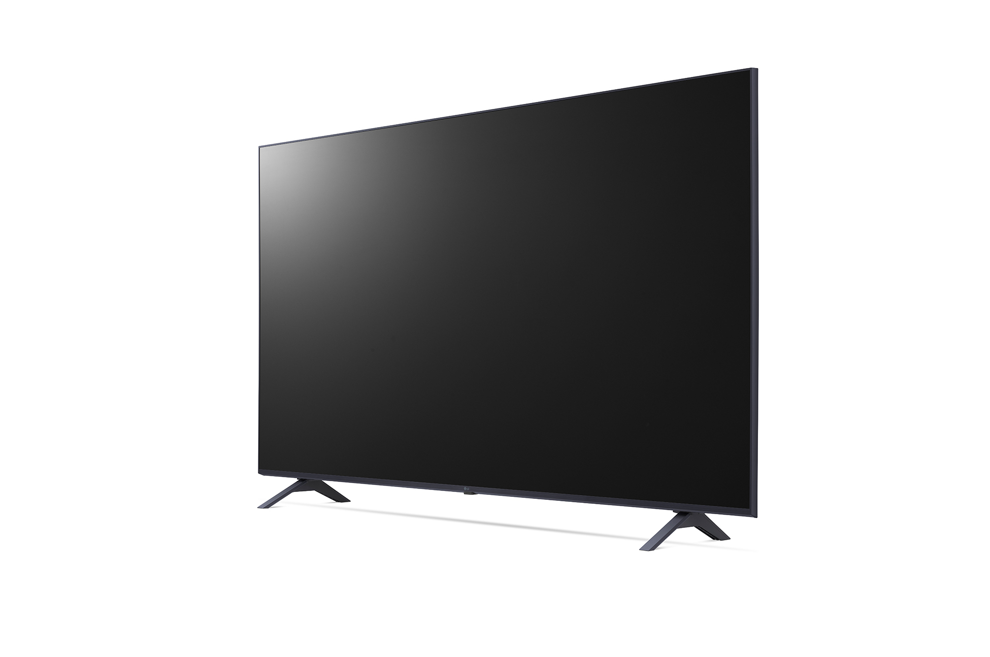 Un televisor negro con patas delgadas. La pantalla es negra y el televisor está en ángulo.