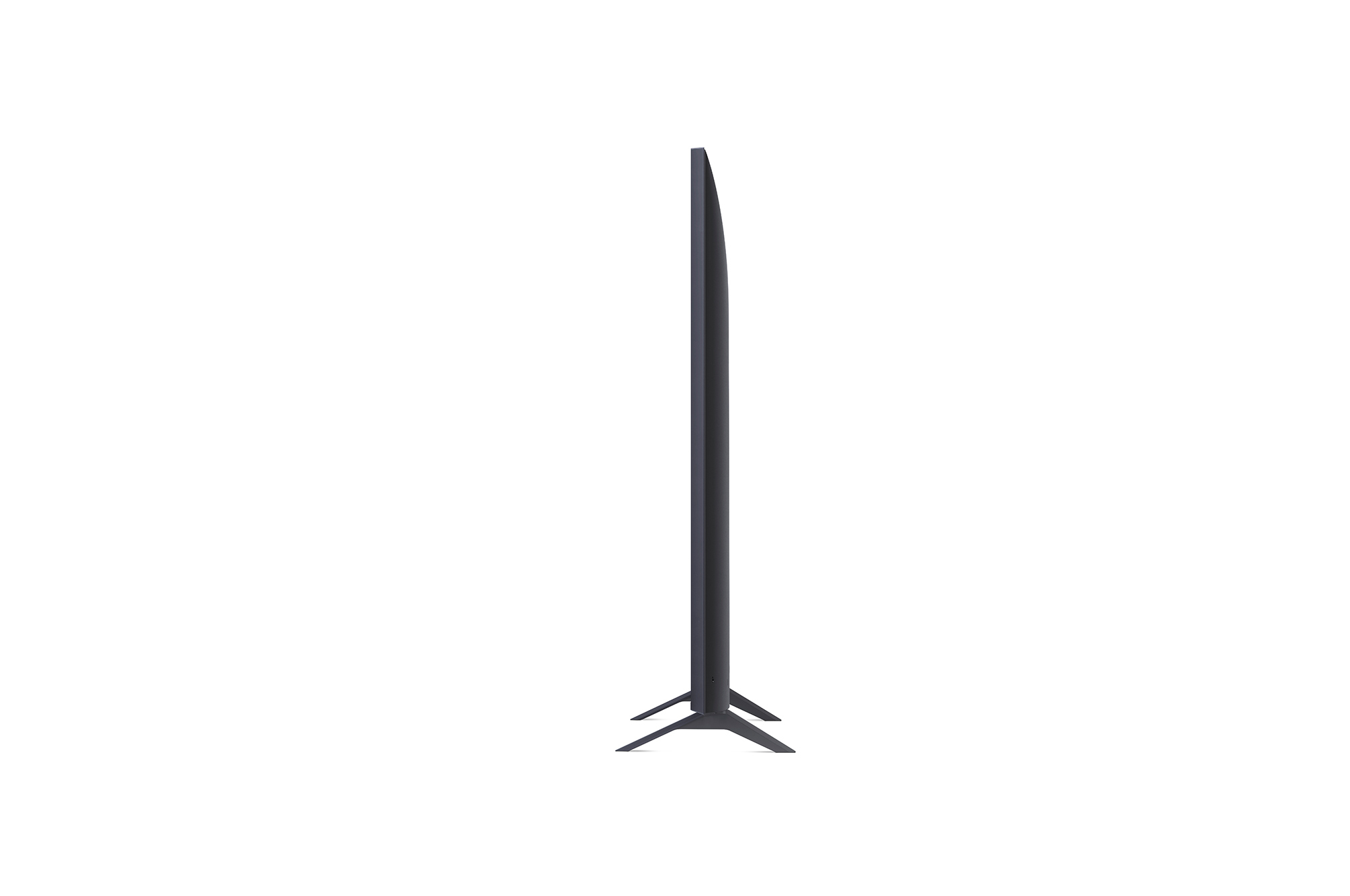 Perfil lateral de un televisor negro sobre un soporte contra un fondo blanco.
