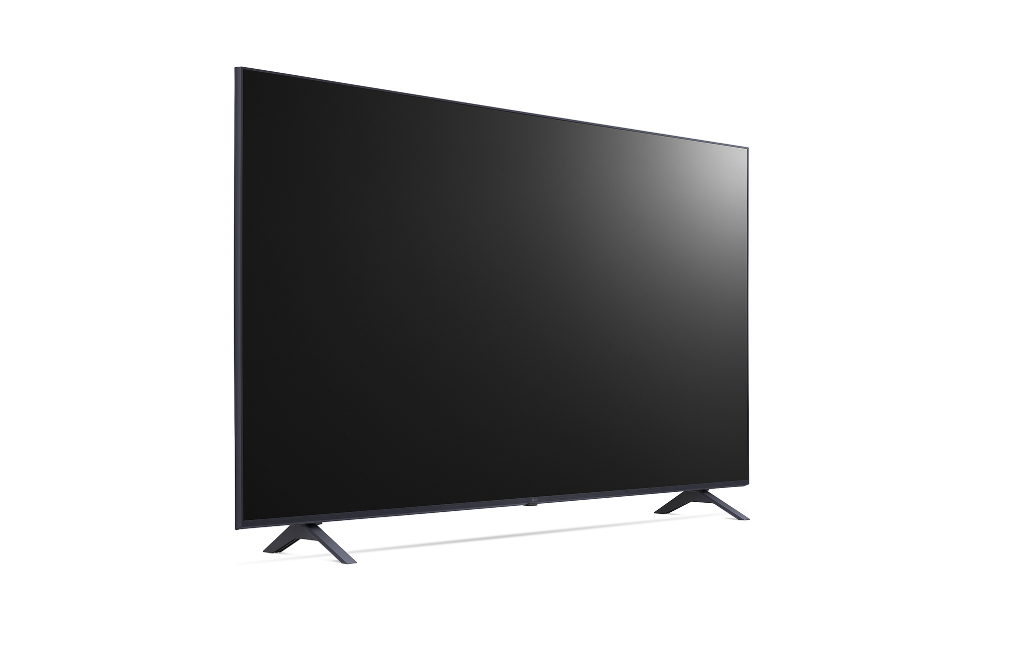TV de pantalla plana, pantalla negra, vista lateral. Patas azul oscuro y fondo blanco.