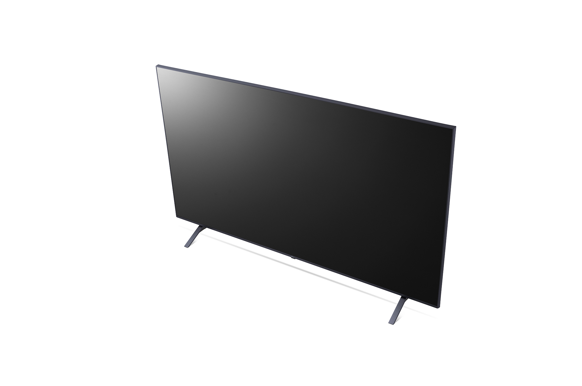 Televisor negro sobre un fondo blanco. La pantalla está encendida.