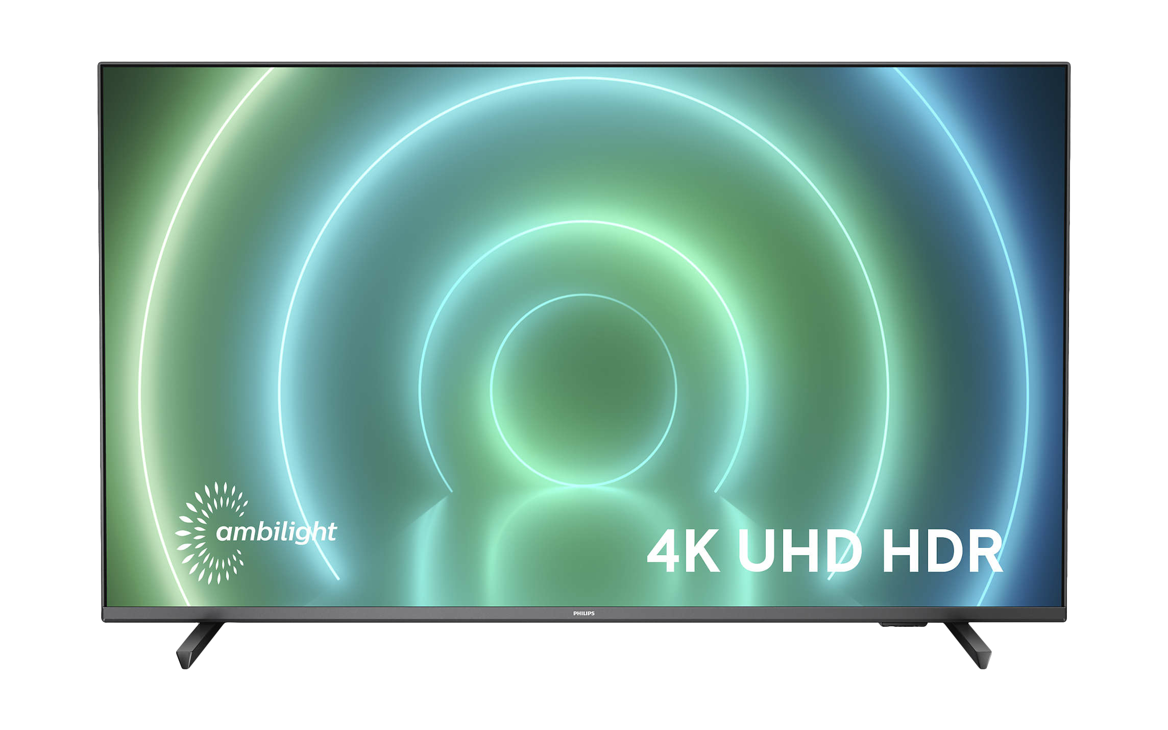 Vooraanzicht van een flatscreen-tv met een groen en blauw lichtdisplay. Toont 4K UHD HDR.