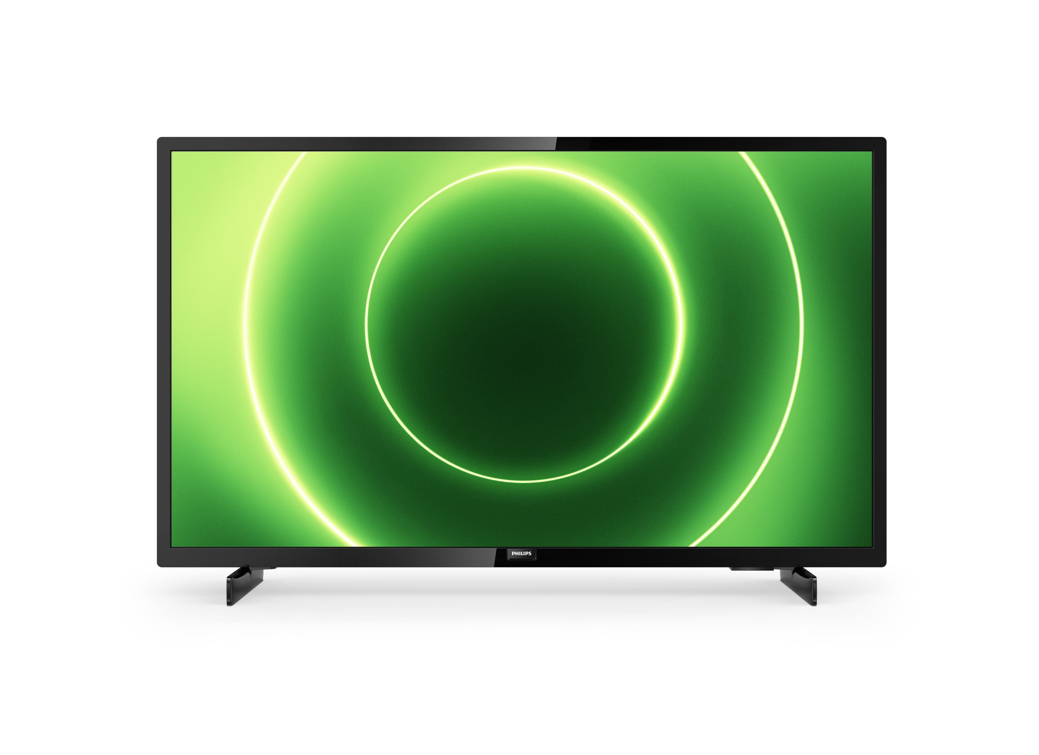 Un televisore Philips mostra un motivo circolare verde su sfondo nero.
