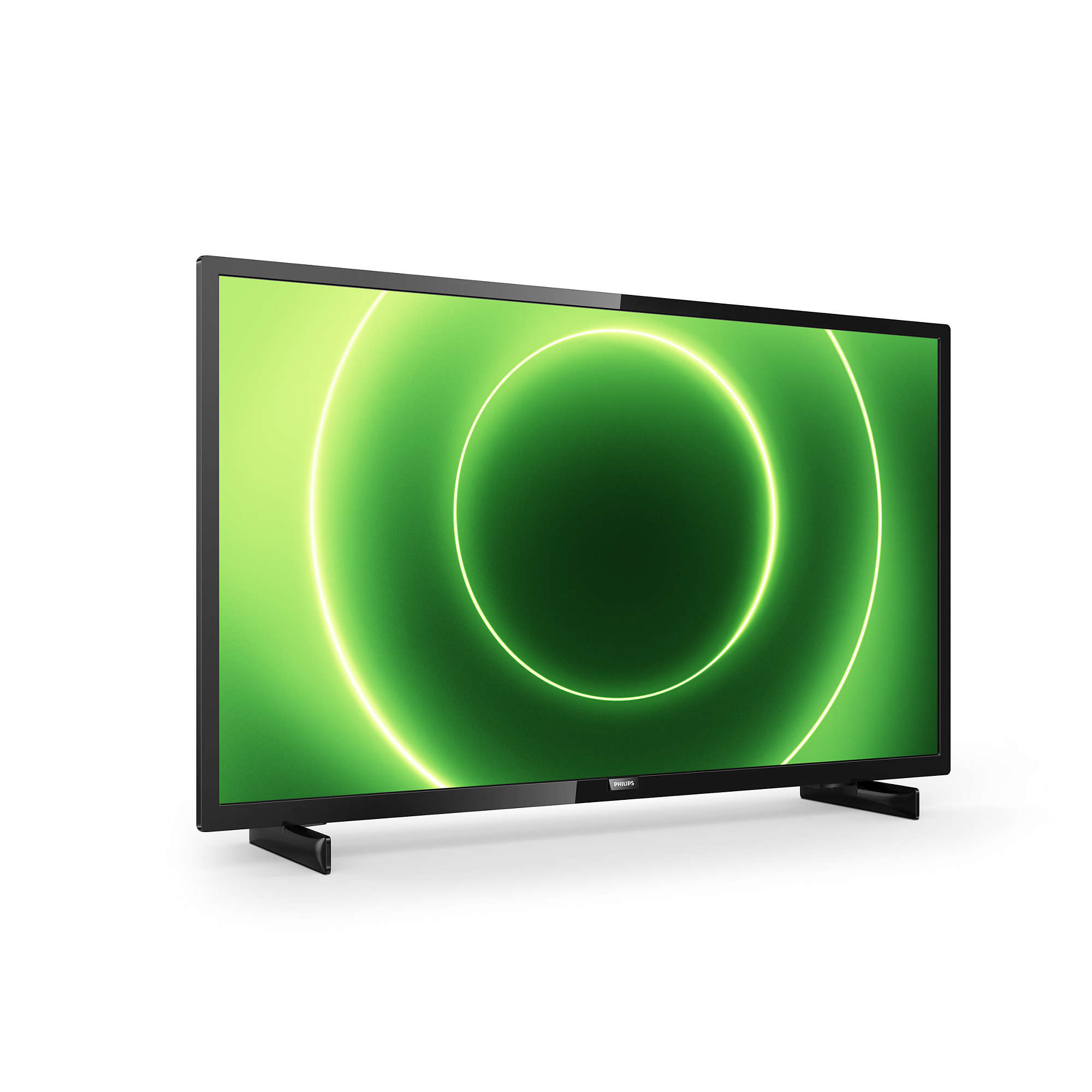 Un televisore Philips con un design circolare verde e bianco sullo schermo. Cornice e supporto neri.