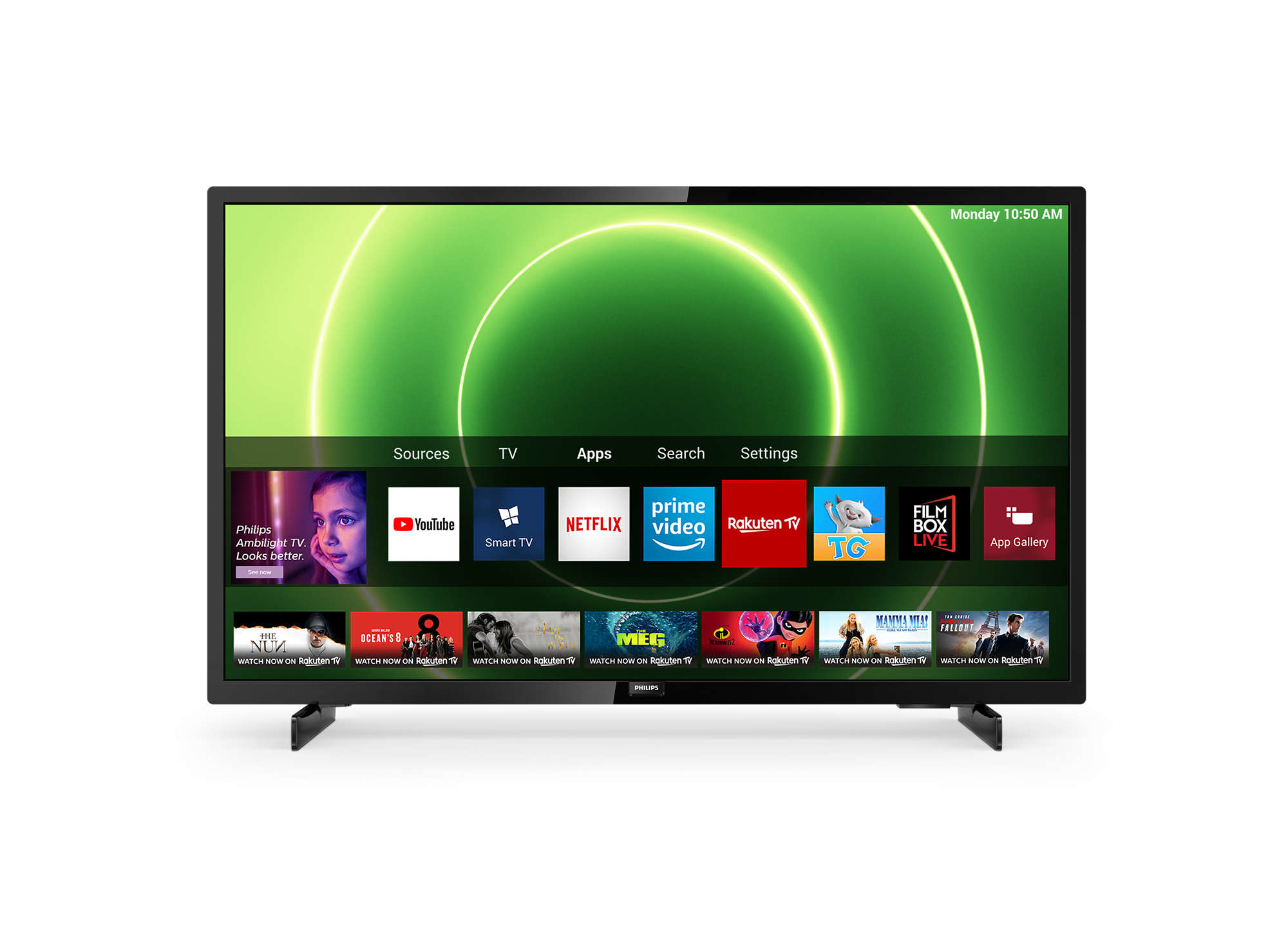Schermo TV che mostra un'interfaccia Smart TV. App e impostazioni sono visibili. L'ora è 10:50.