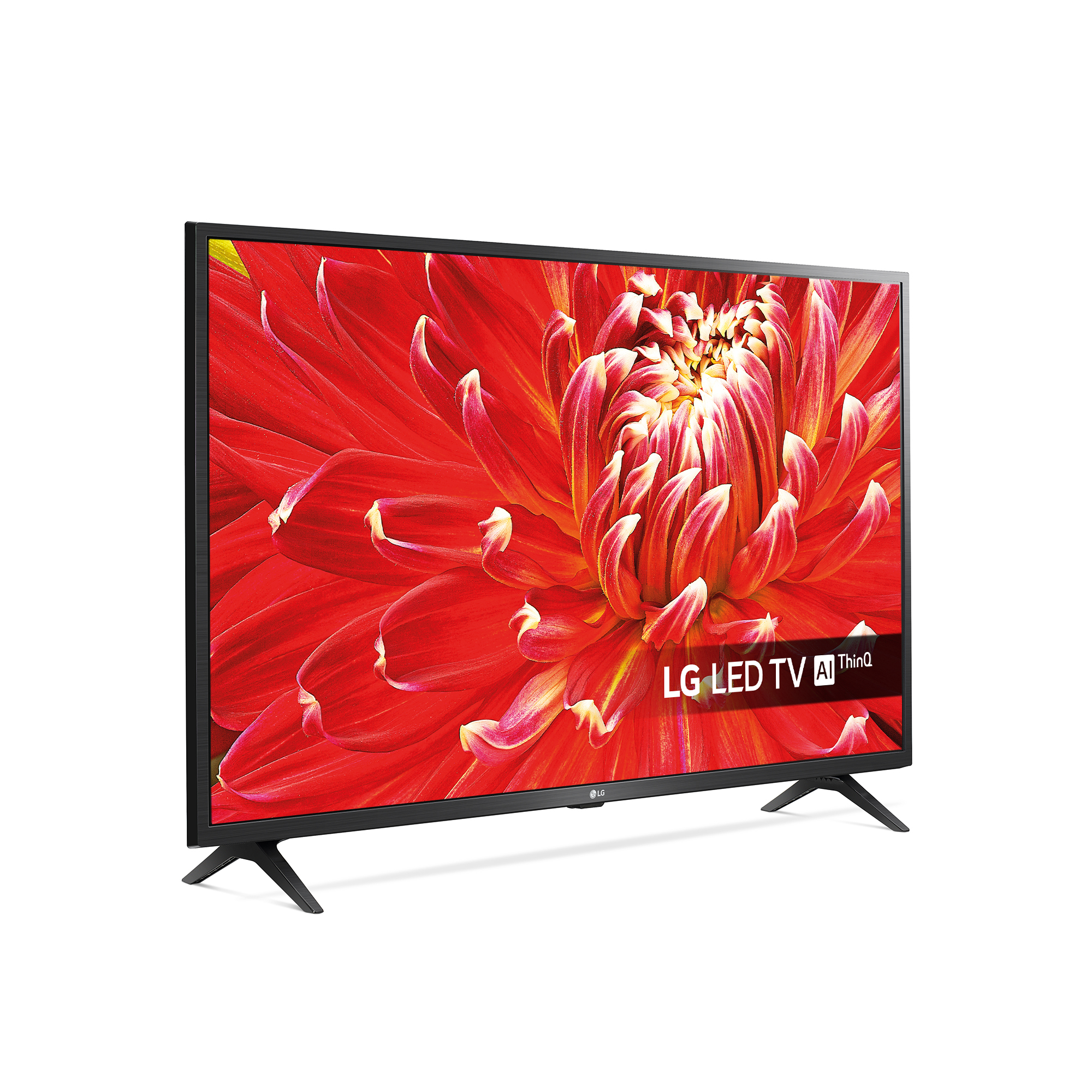 Un televisor LED LG muestra una flor roja, con el logotipo. La pantalla está sobre un fondo blanco.