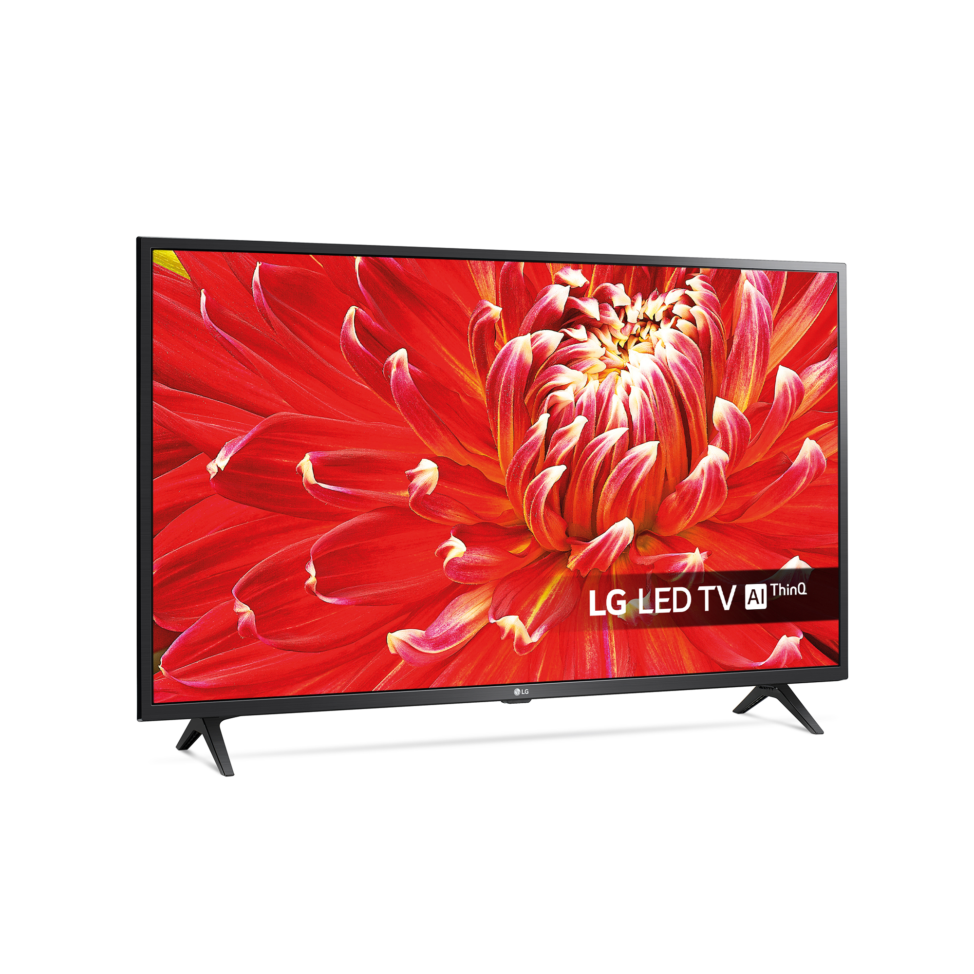 TV LED LG con una flor roja. Marco negro con dos patas. Fondo blanco.