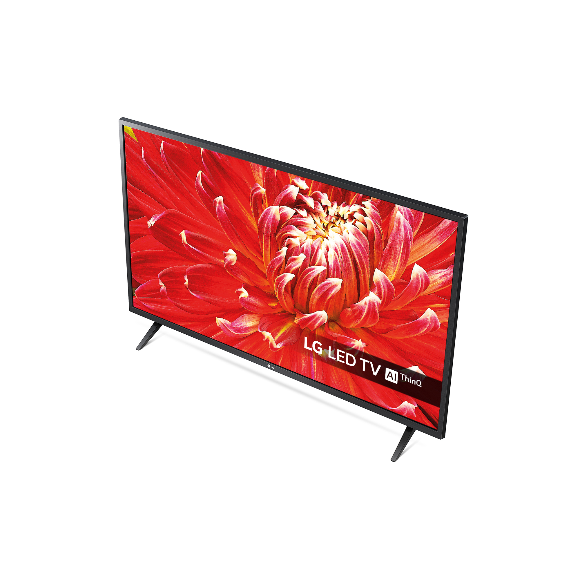 Toma de gran angular de un televisor LED LG con una imagen floral roja en la pantalla.
