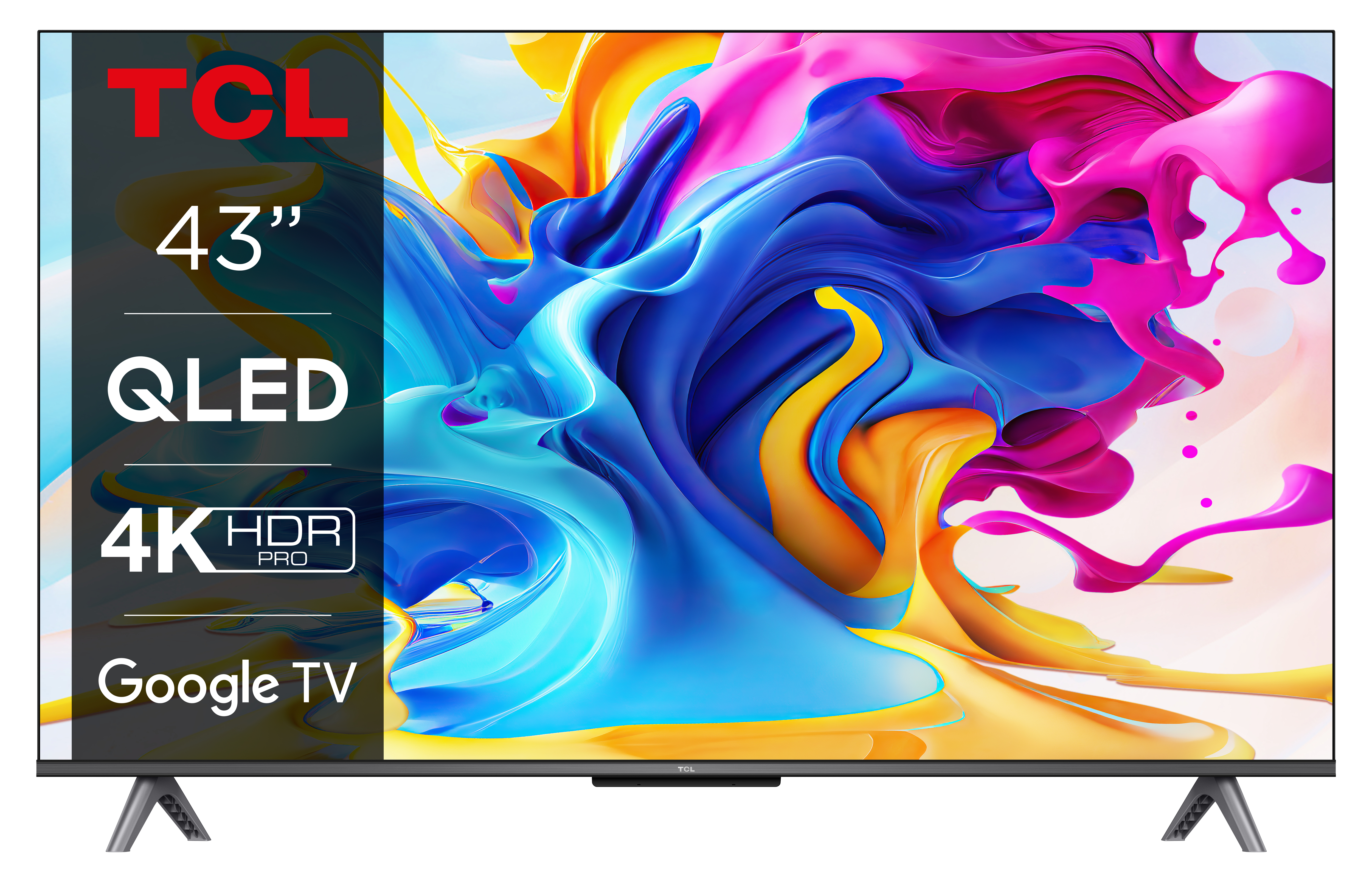 Un televisor TCL con texto: 43”, QLED, 4K HDR Pro, Google TV. Imagen abstracta colorida en la pantalla.