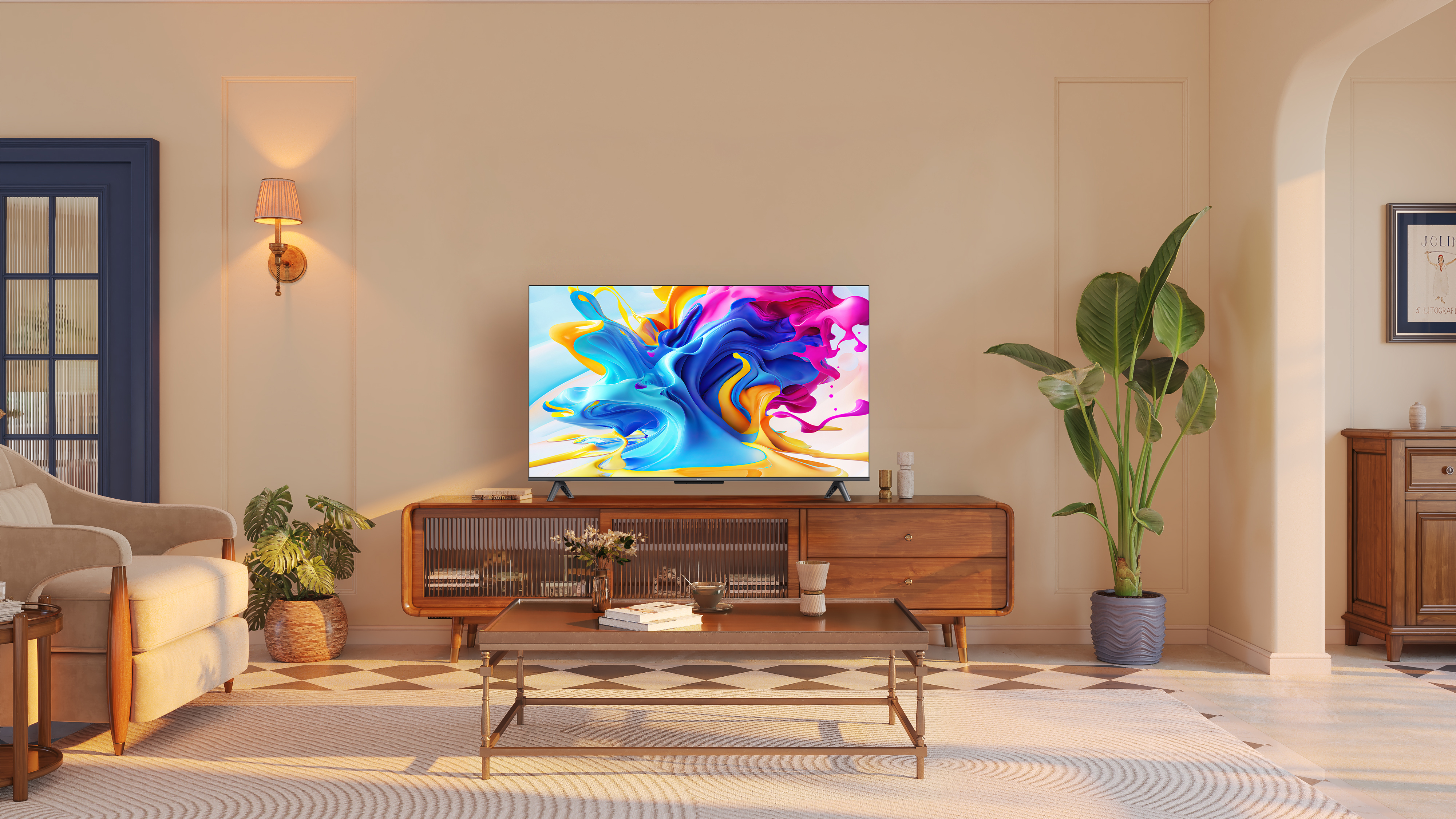 Interior de una habitación con un televisor en un mueble de madera, diseño floral en la pantalla.