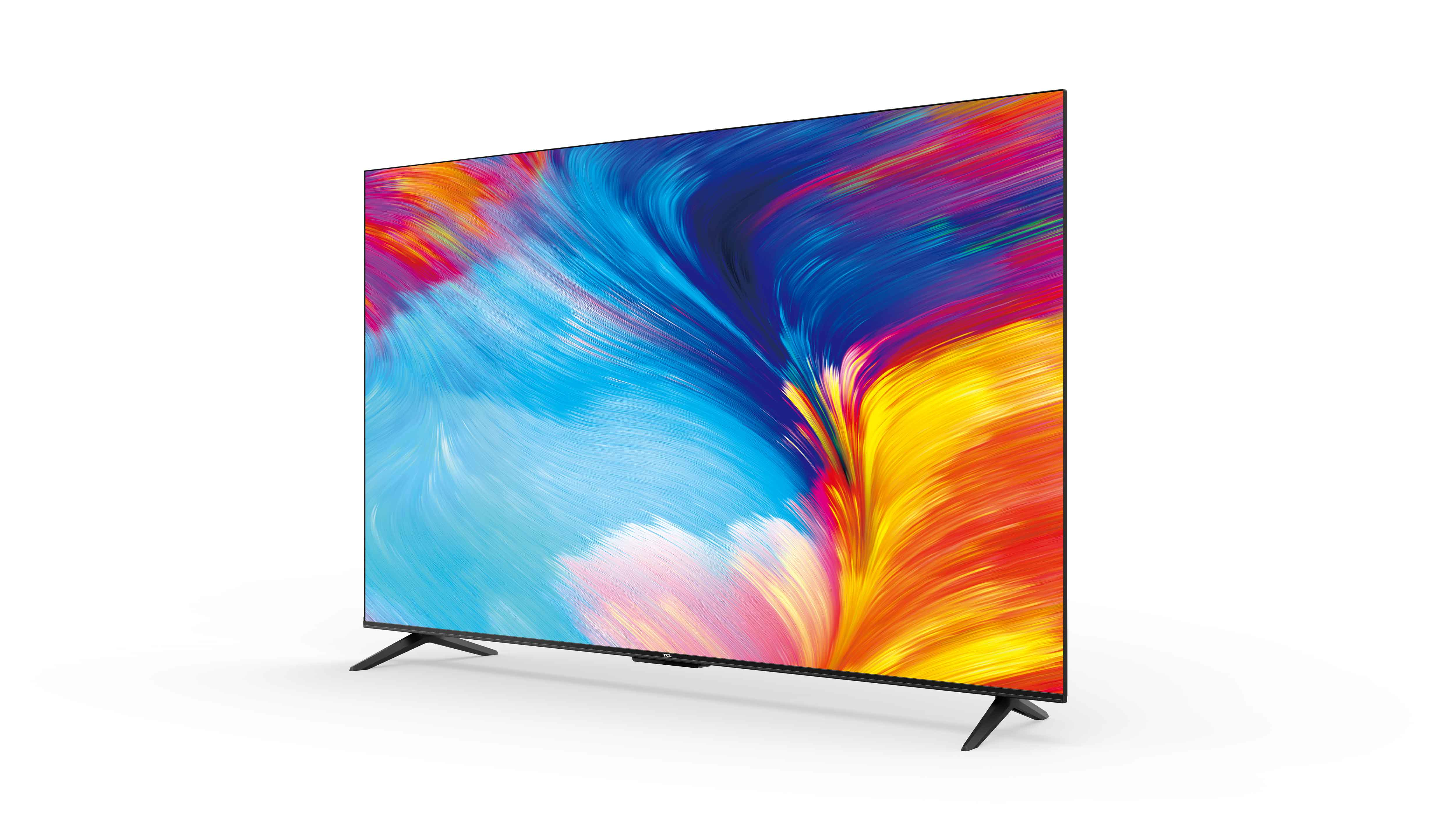 TV con obra de arte abstracta colorida. El TV tiene marco negro y dos patas negras.