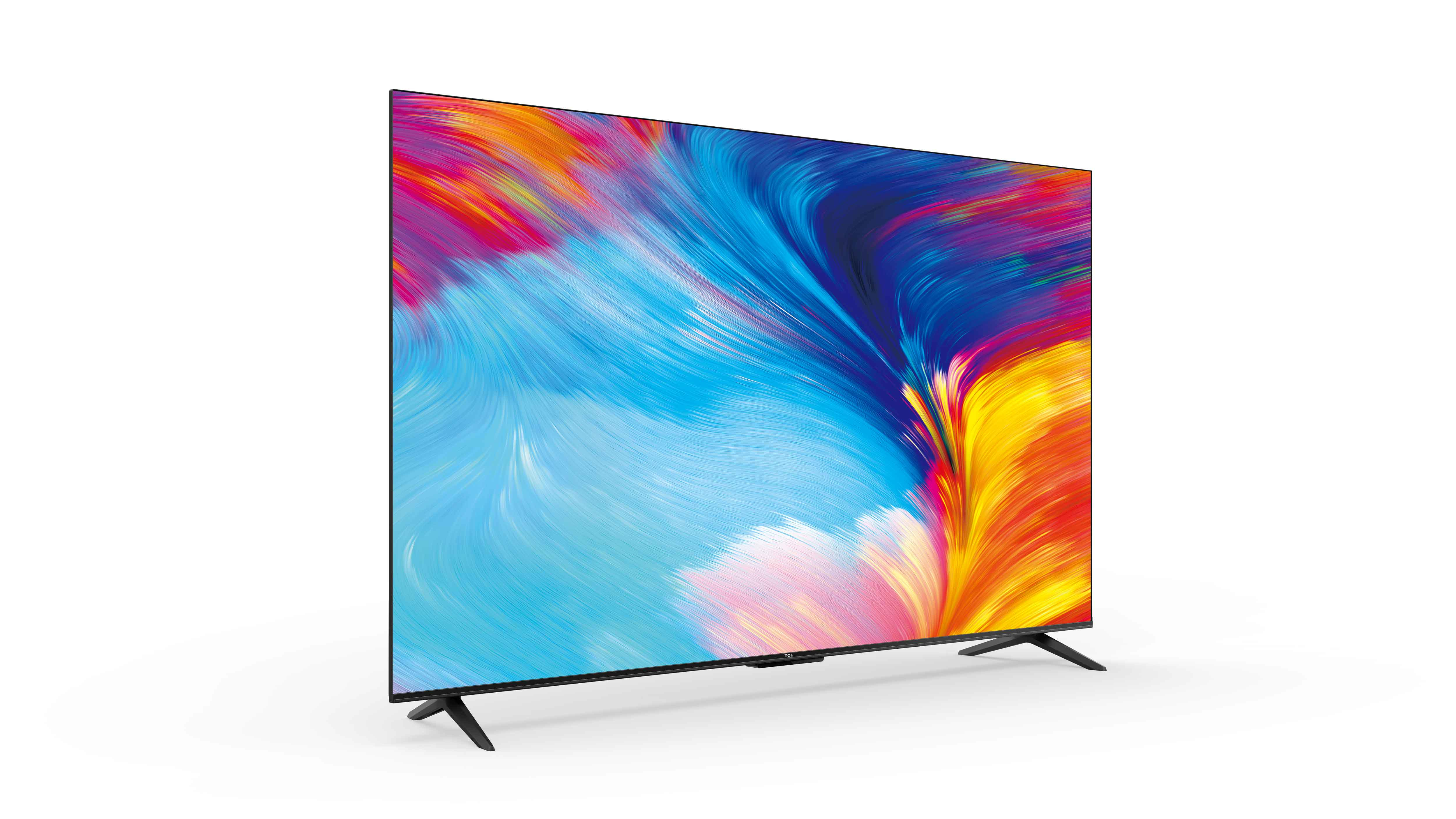 Televisor de pantalla plana que muestra arte abstracto colorido. Soporte negro.