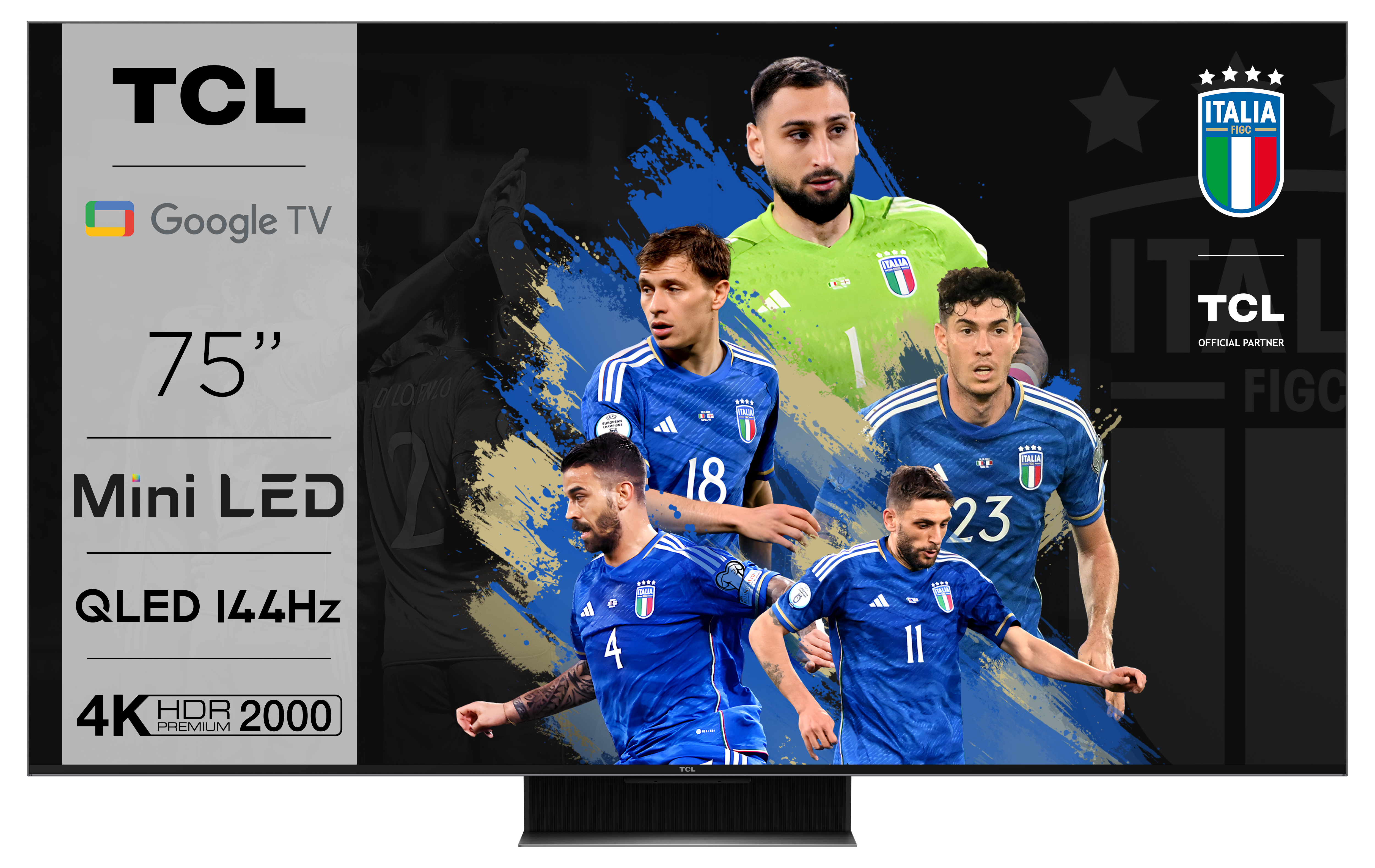 Televisor TCL que muestra jugadores de fútbol italianos y logotipos, con texto superpuesto.