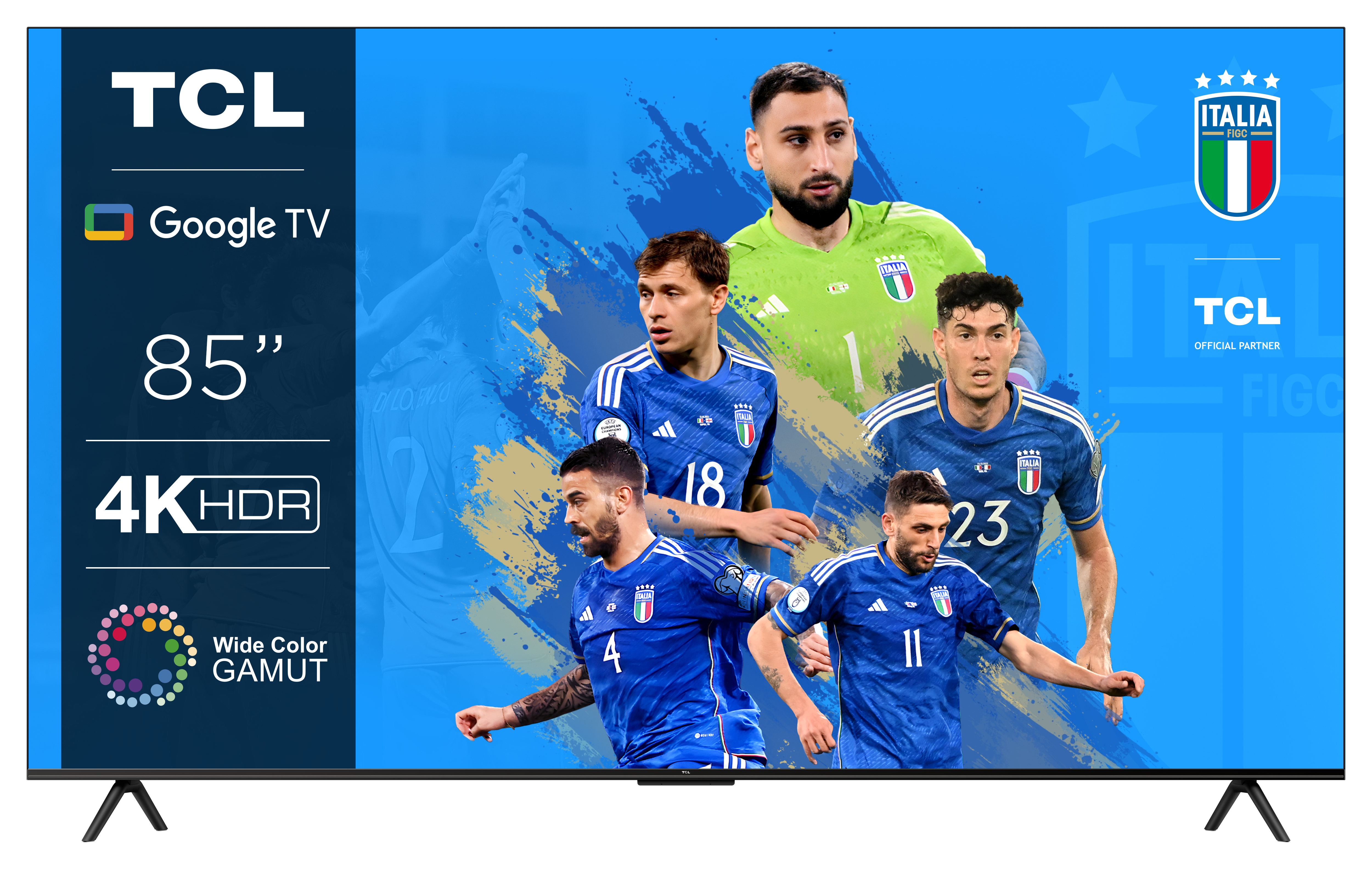 TV TCL affichant une équipe de football avec Google TV et fonctionnalités HDR.