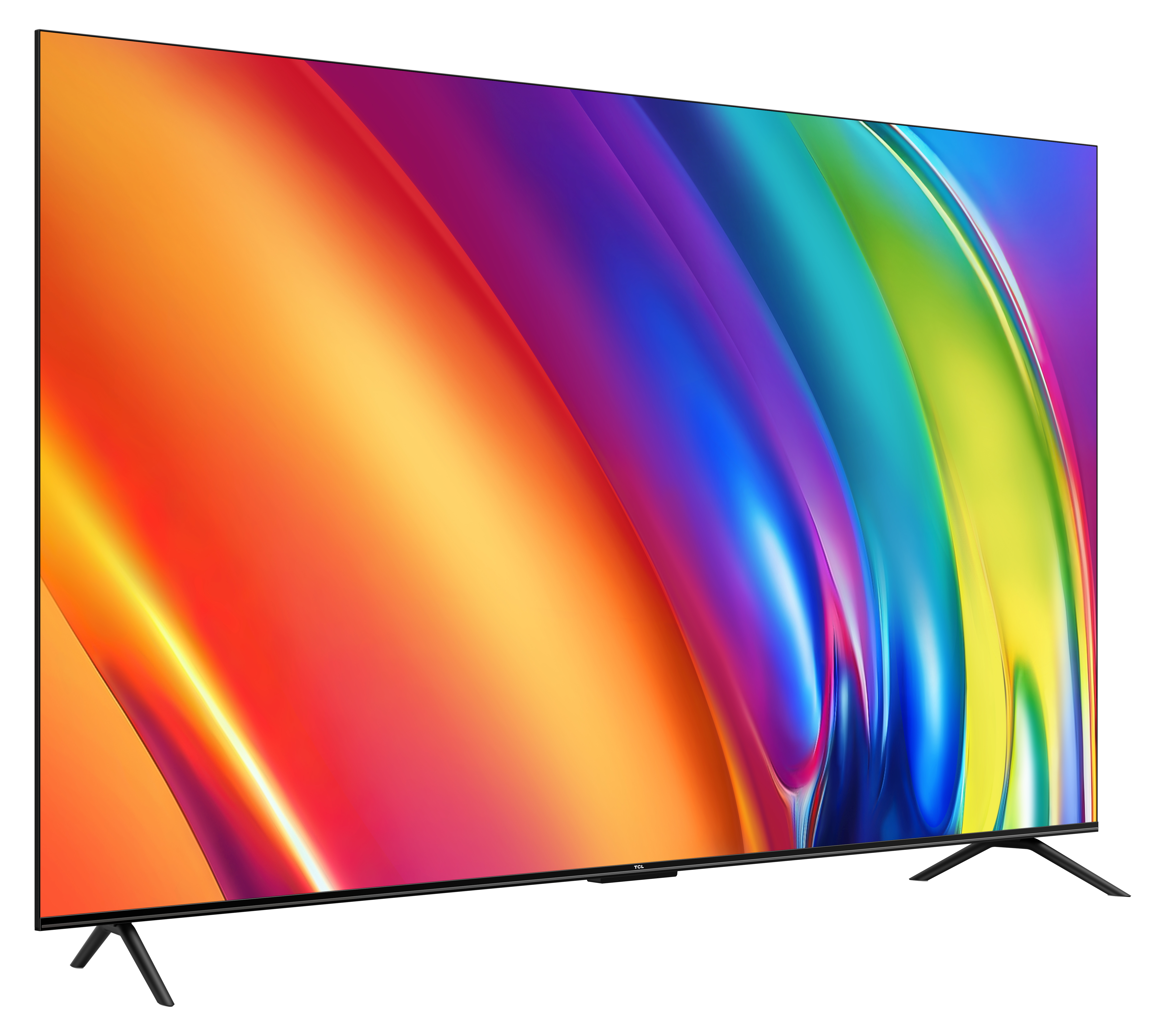 TV avec un design abstrait coloré. La TV a un cadre noir et deux pieds noirs.