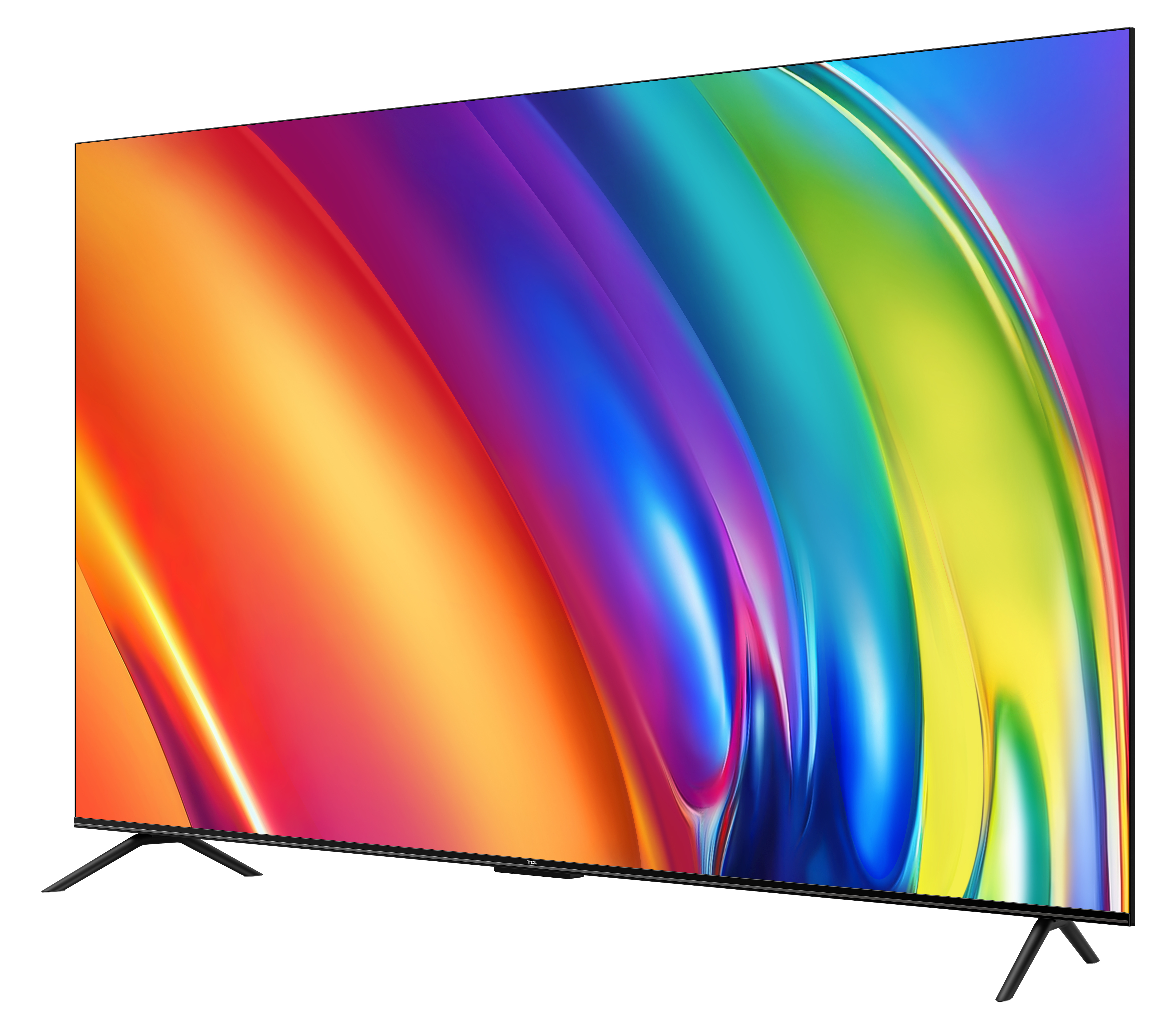 Vue latérale de la TV, cadre noir, fond abstrait coloré.