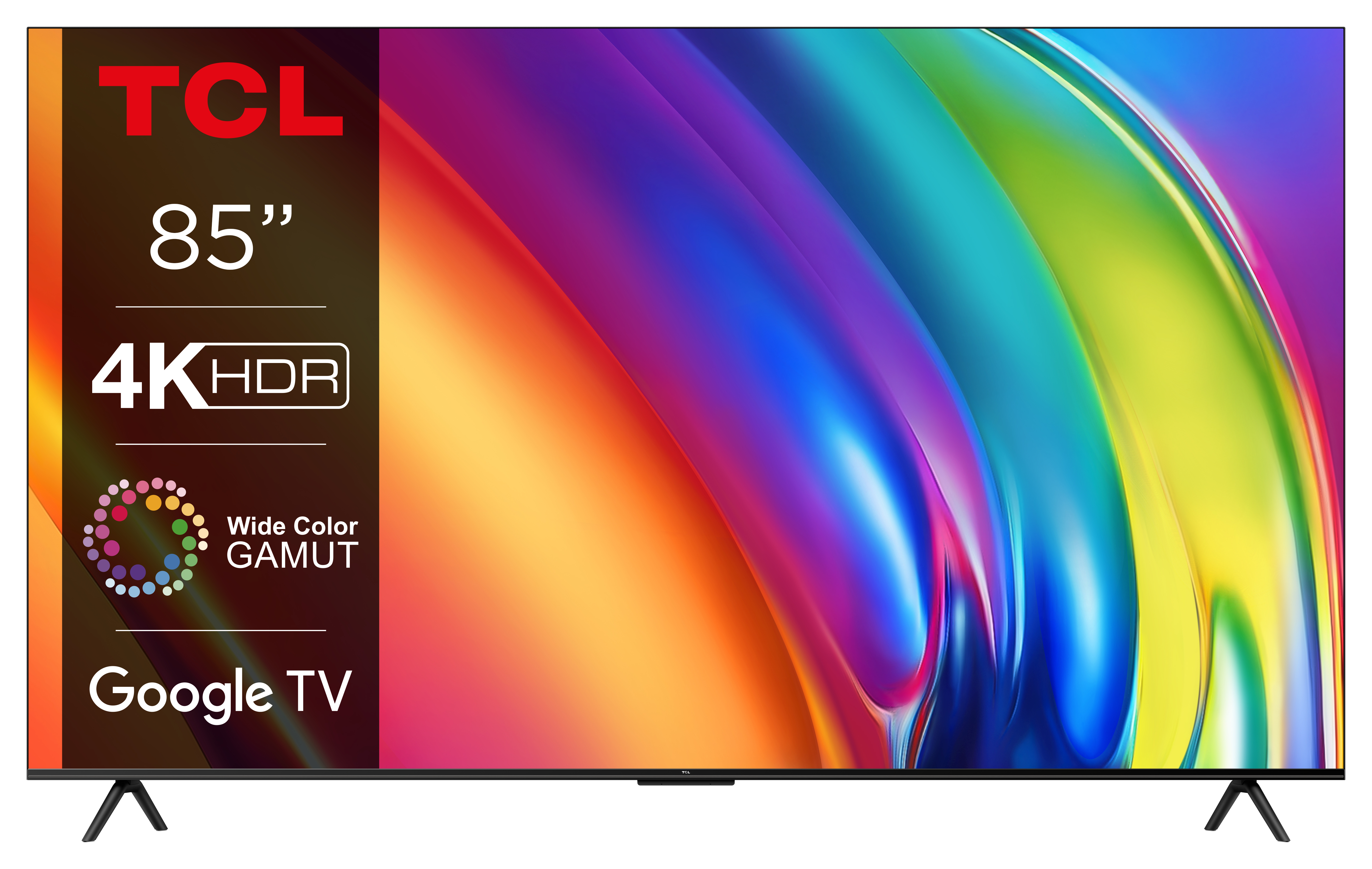 Un grand téléviseur TCL avec texte superposé : 85", 4K HDR, Wide Color Gamut et Google TV, avec un fond coloré.