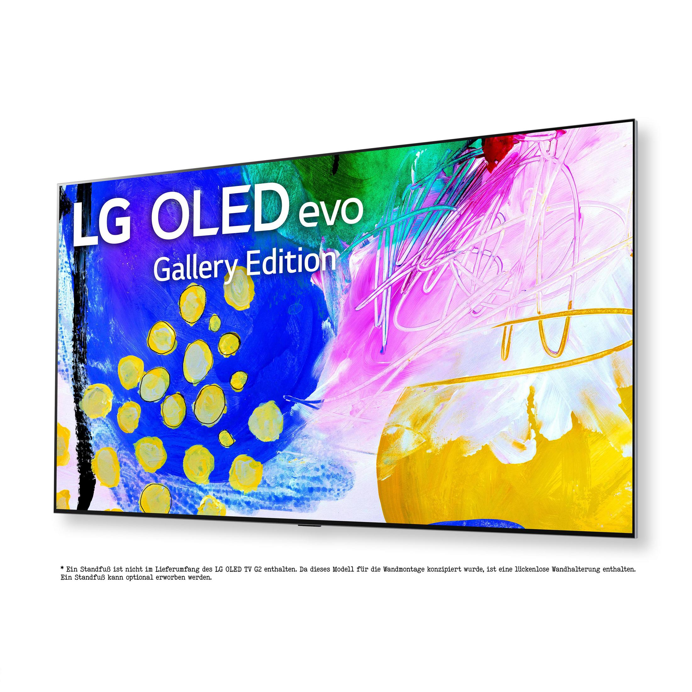 Grande TV LG OLED evo con arte astratta colorata visualizzata sullo schermo.