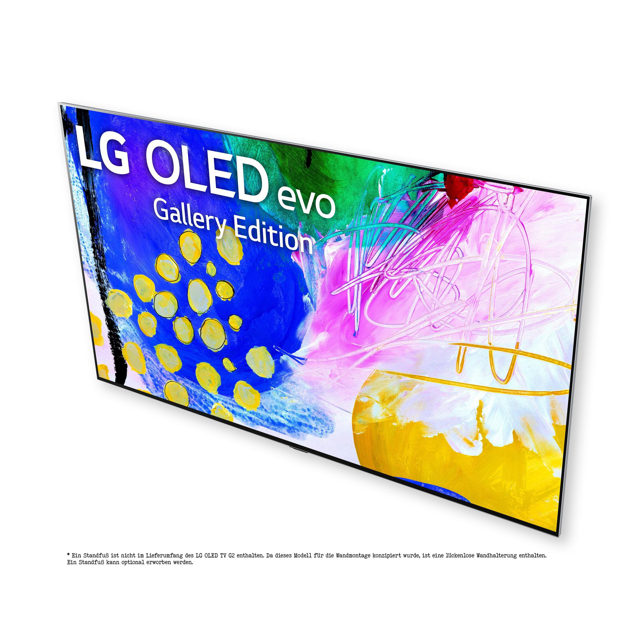 TV LG OLED evo Gallery Edition. Arte astratta sullo schermo. Cornice nera. Testo in basso.