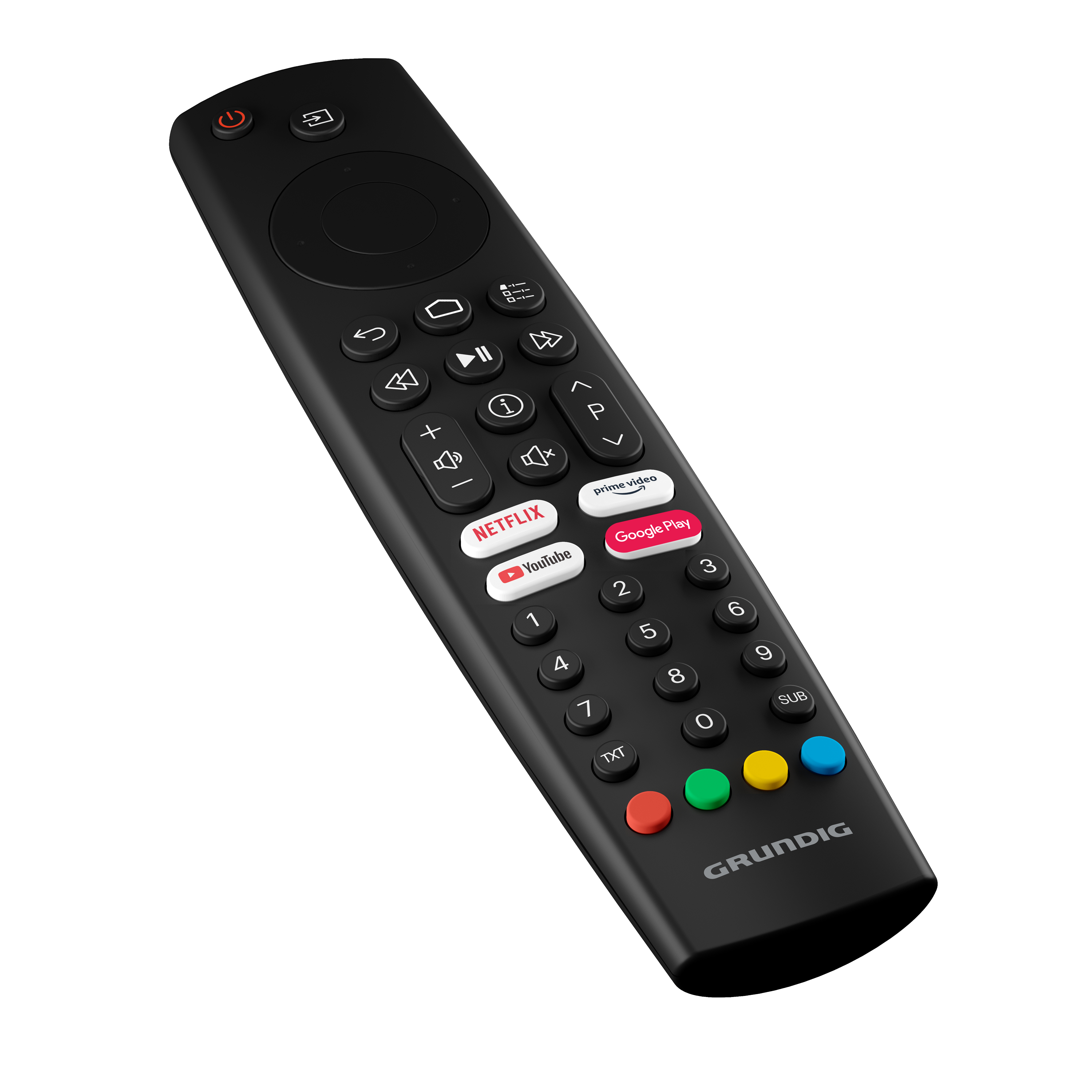 Czarny pilot Grundig do telewizora na białym tle. Posiada różne przyciski, w tym Netflix i YouTube.