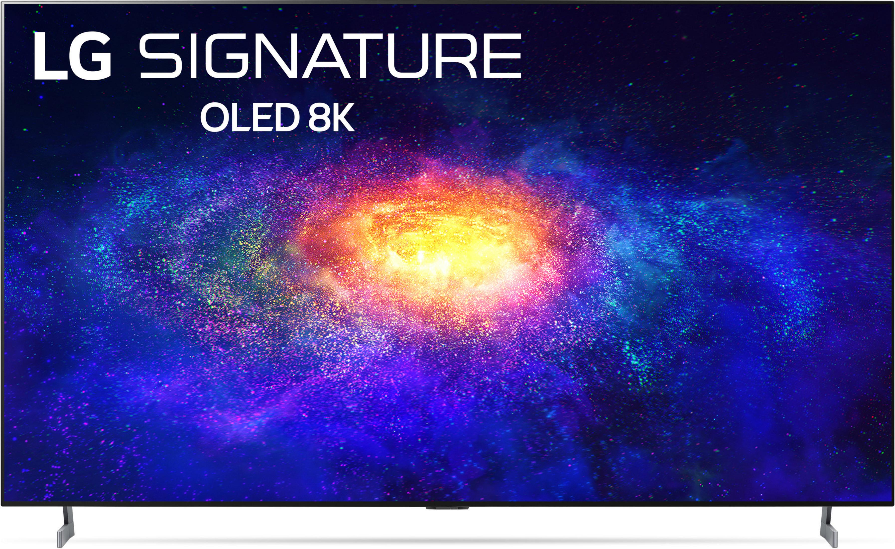 TV LG Signature OLED 8K che mostra una galassia. Supporto argento, cornice nera.