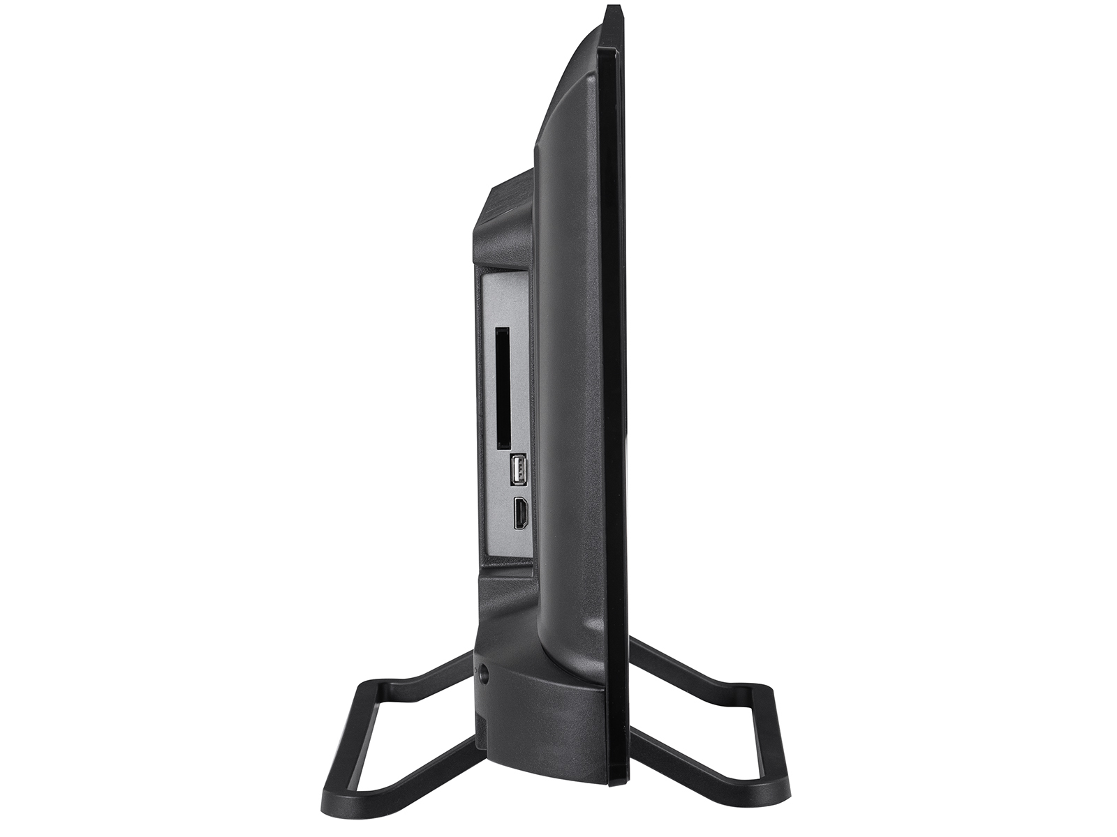 Un televisor negro con un soporte negro. El televisor tiene un panel lateral con puertos.