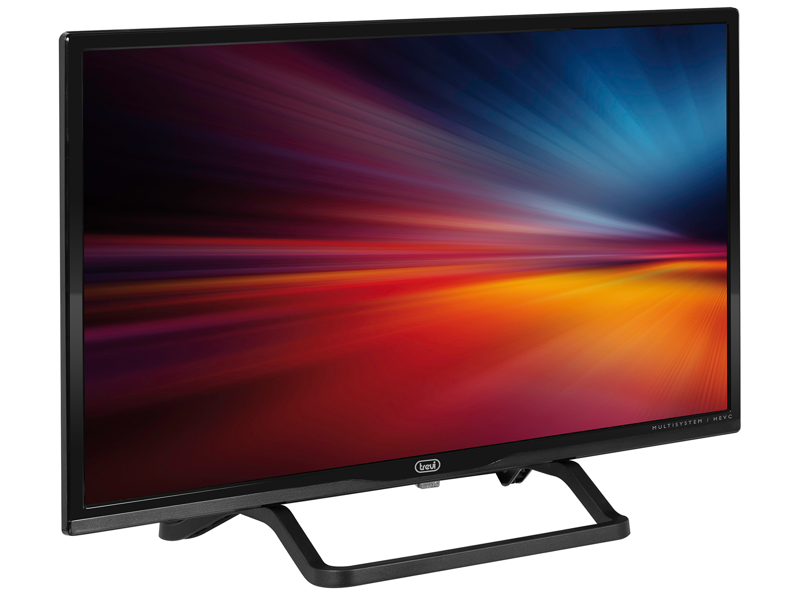Un televisor Trevi con una pantalla colorida que muestra una explosión de luz con tonos azules, rojos y amarillos.