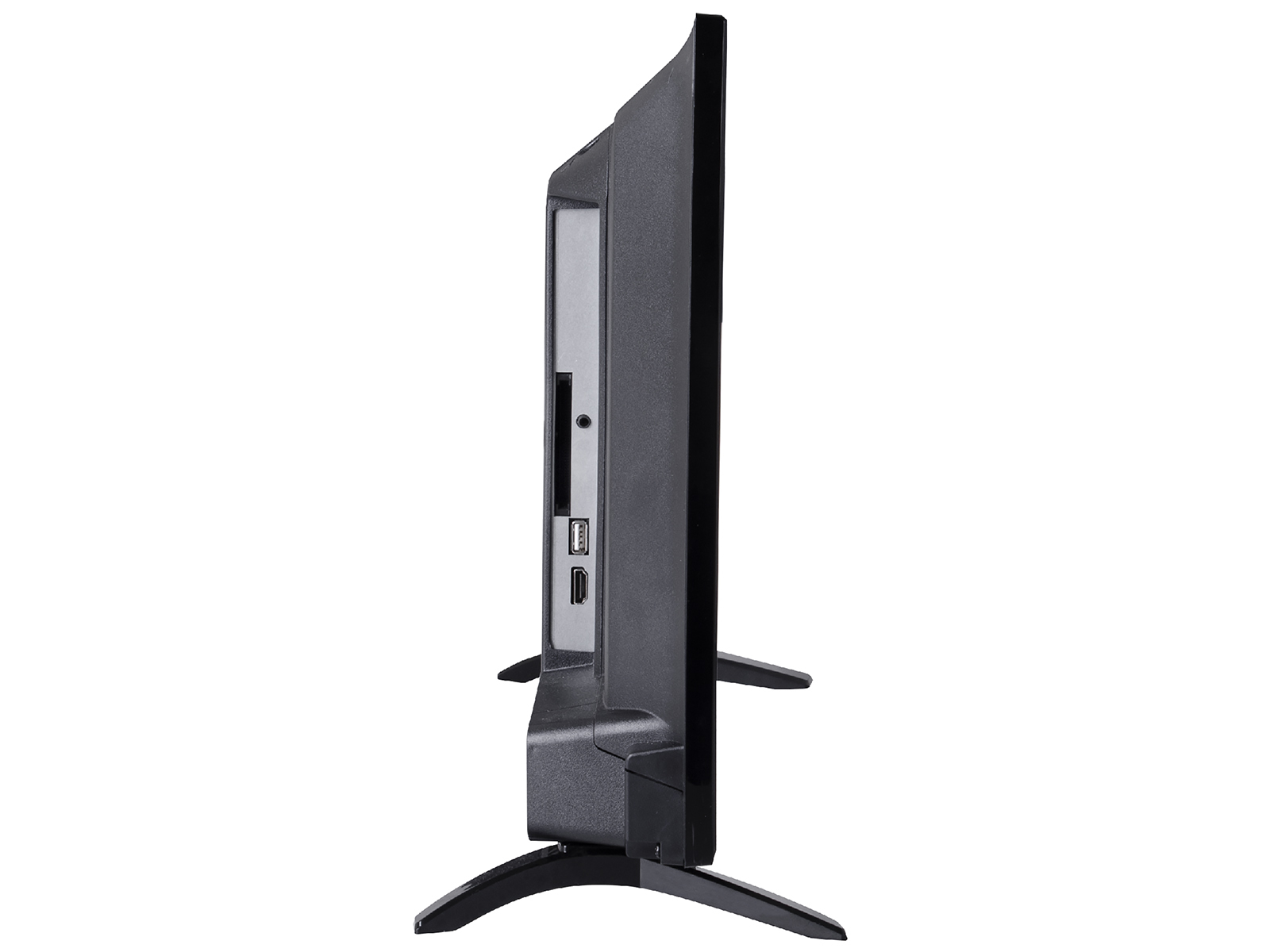 Widok z boku czarnego telewizora z podstawą. Pokazuje porty i złącza z boku.