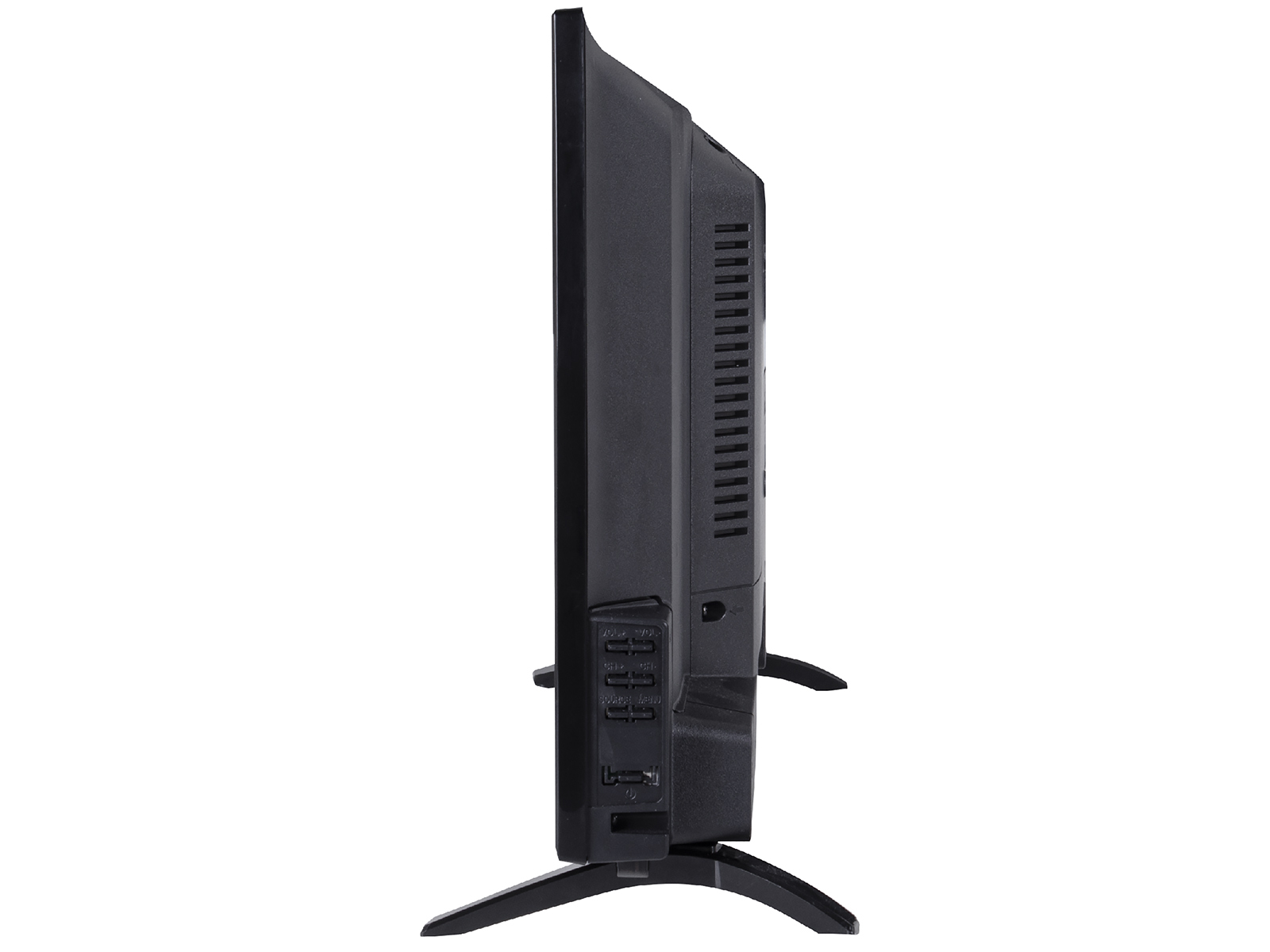 Czarny telewizor z boku, pokazujący gruby profil z otworami wentylacyjnymi i portami połączeniowymi.