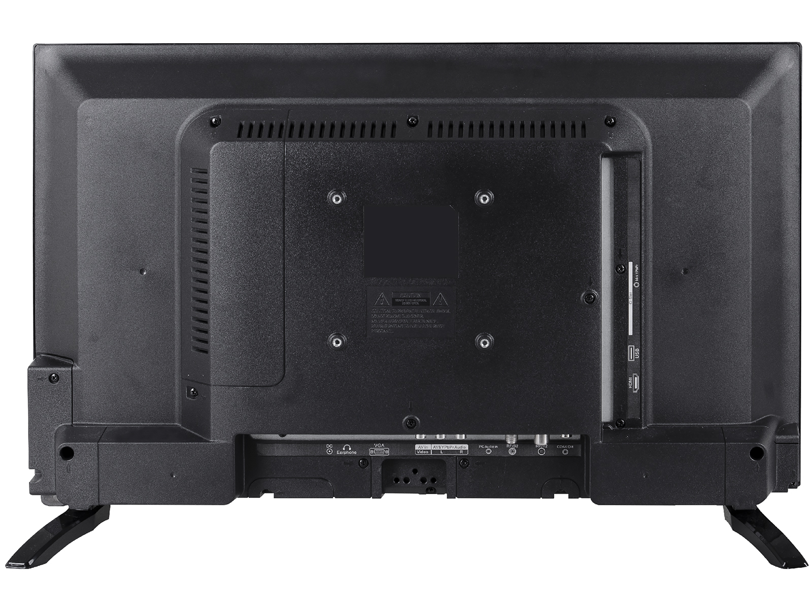 Tył czarnego telewizora, pokazujący porty, punkty montażowe i podstawę stojaka.