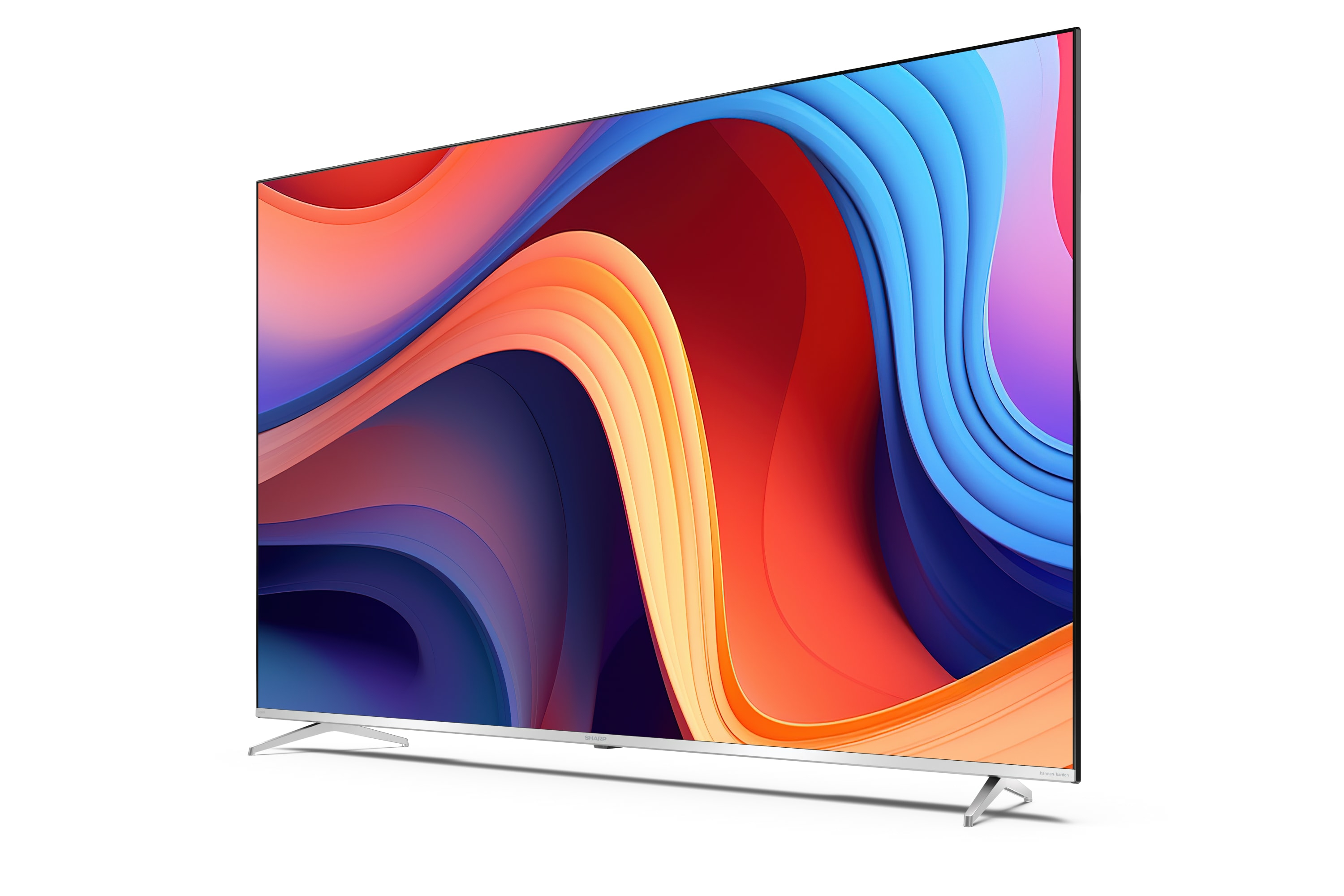 Un TV che mostra un'immagine astratta colorata. Ha gambe e cornice argentate.