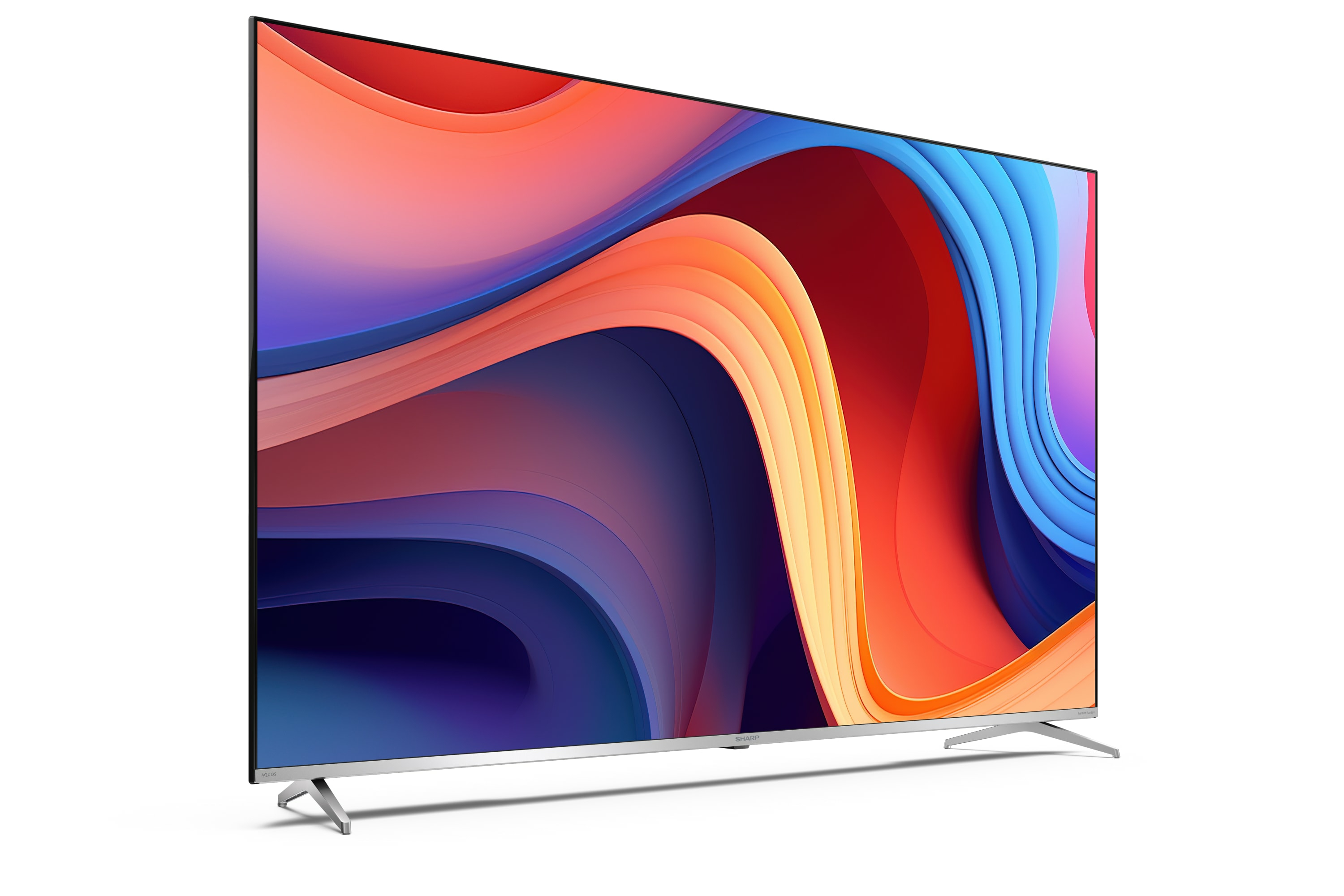 Uno schermo TV mostra un design astratto colorato su sfondo bianco.