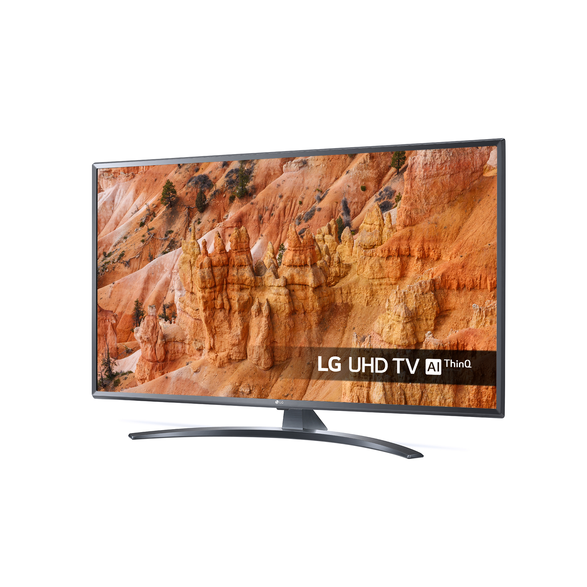 TV LG UHD con vista panoramica sullo schermo. Formazioni rocciose marroni sullo sfondo.
