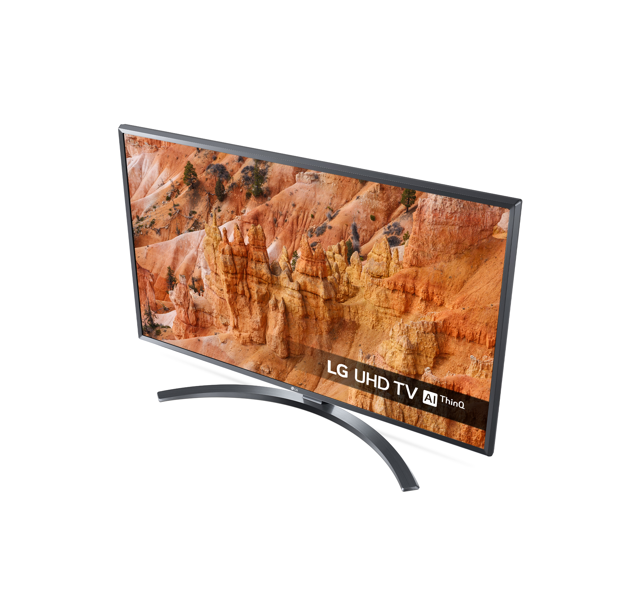 Un LG UHD AI ThinQ TV che mostra un paesaggio di scogliere arancioni su sfondo bianco.
