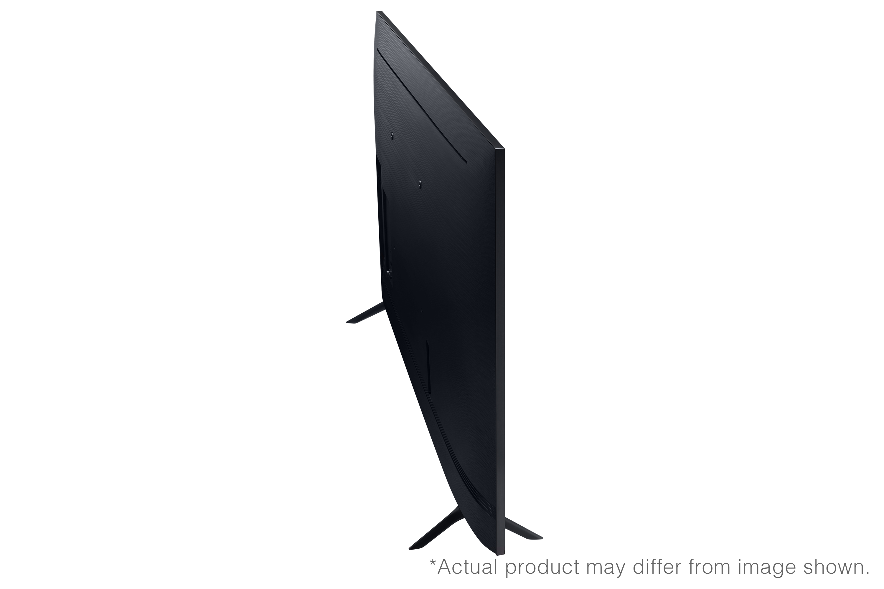 Un profilo laterale di una TV nera su supporti neri. È su sfondo bianco. Lo schermo è spento.