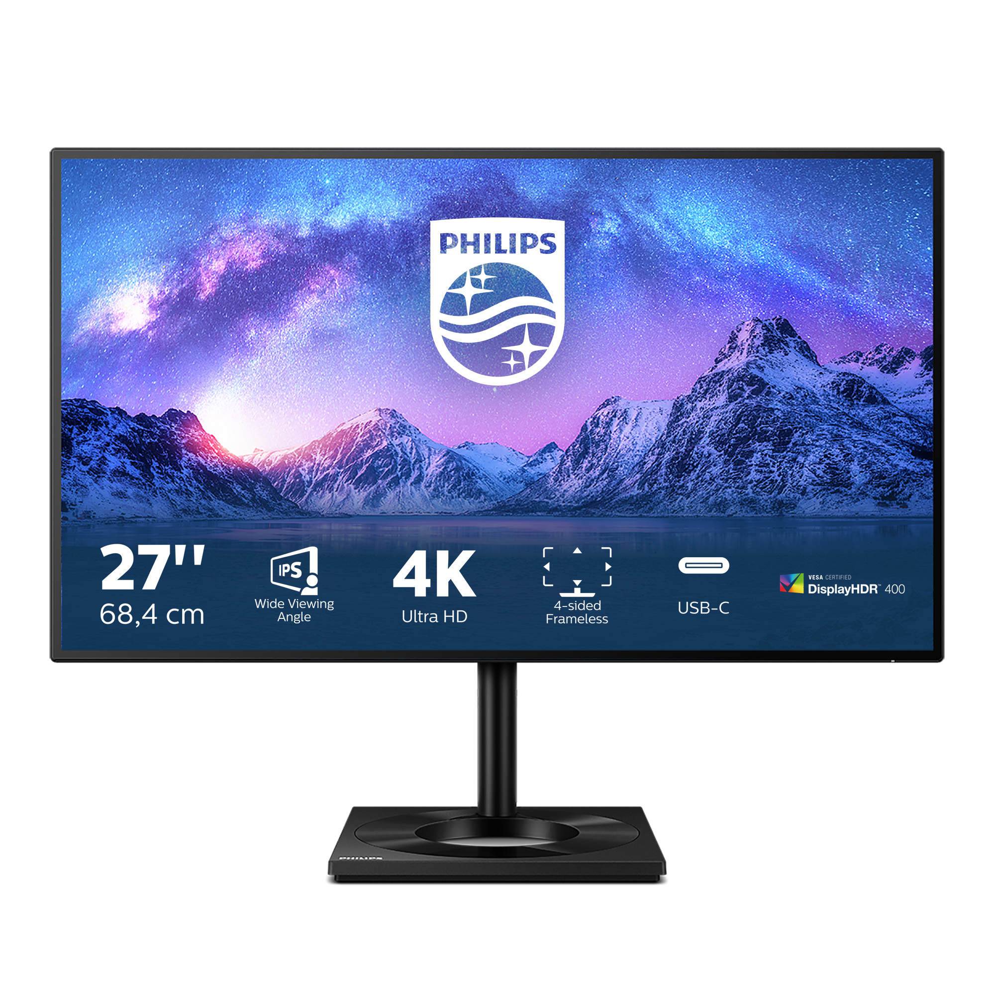 Un monitor negro con soporte. Muestra una escena de cielo nocturno con estrellas.