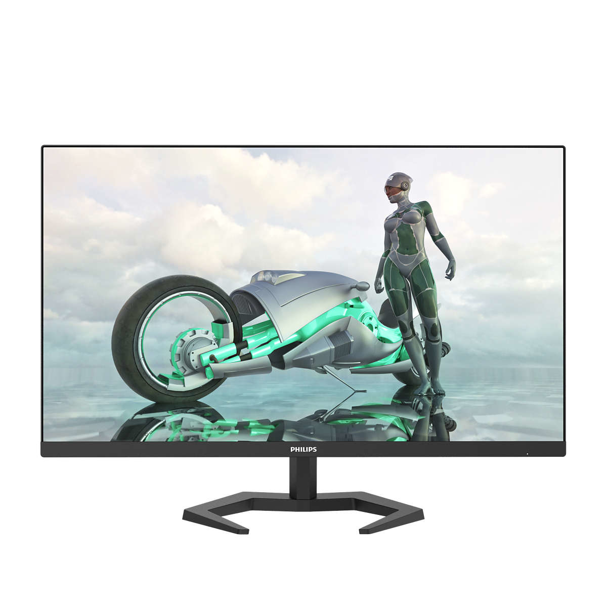 Philips-Monitor mit einer futuristischen Szene mit einer Frau und einem Motorrad.