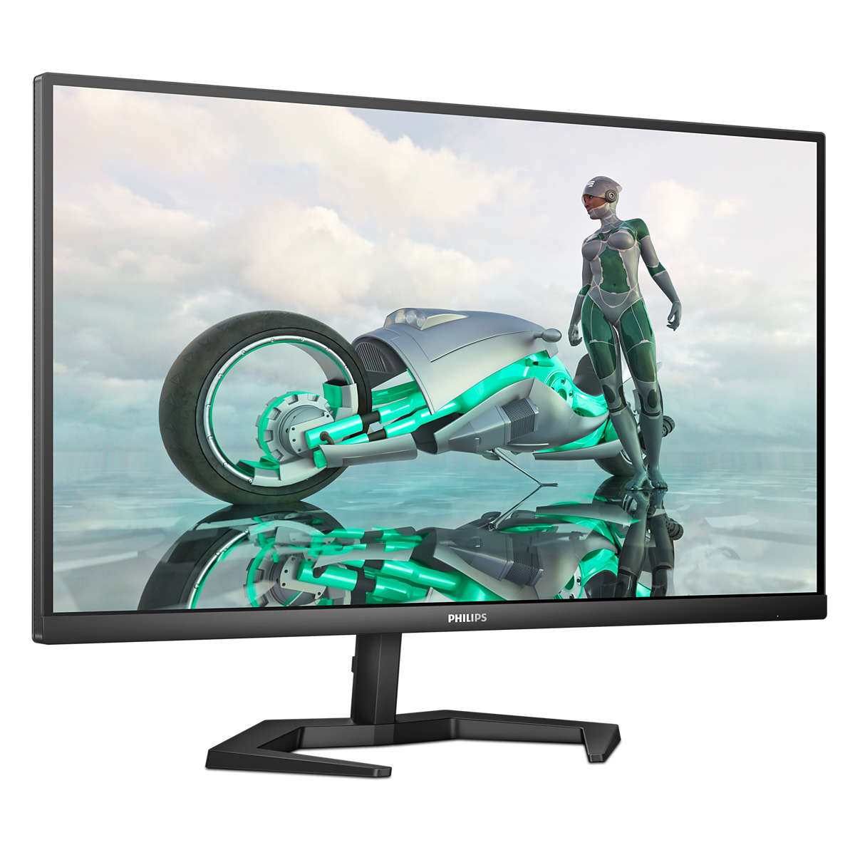 Ein Monitor, der eine futuristische Szene mit einer Figur auf einem Motorrad zeigt.