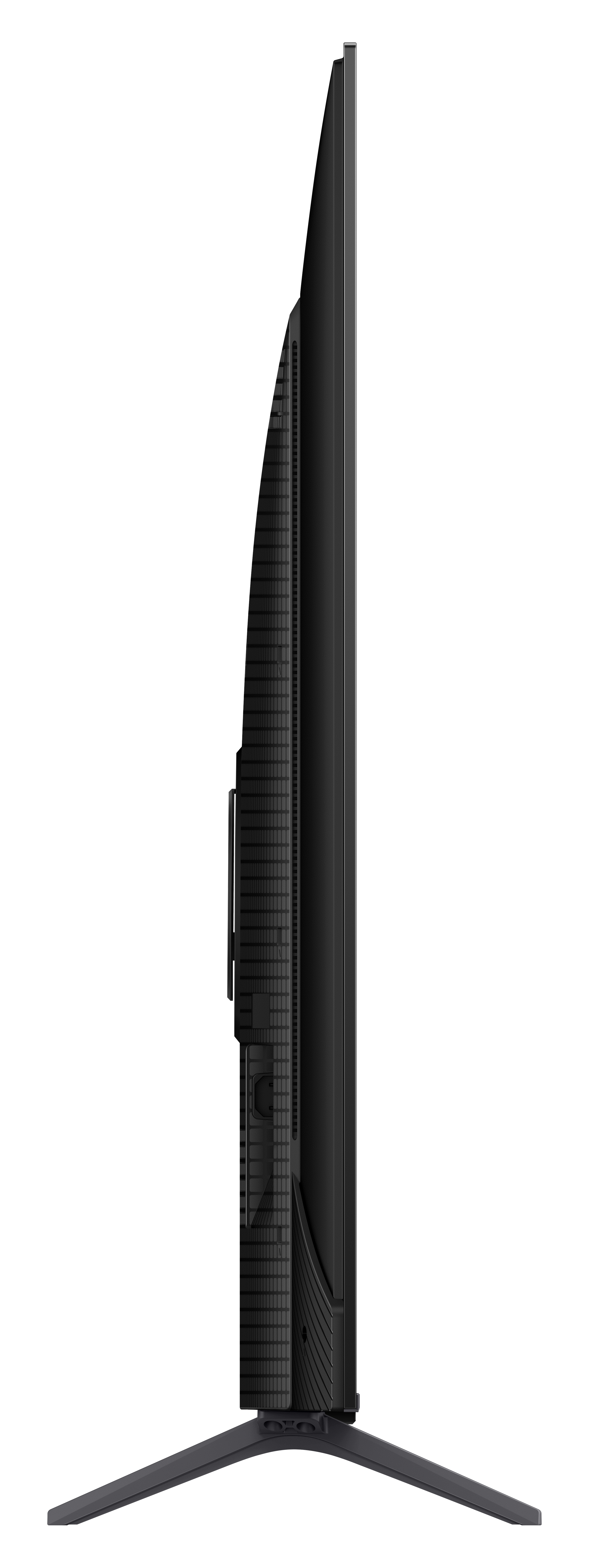 Vista laterale di un televisore nero. Il lato del televisore ha un design strutturato. È su sfondo bianco.