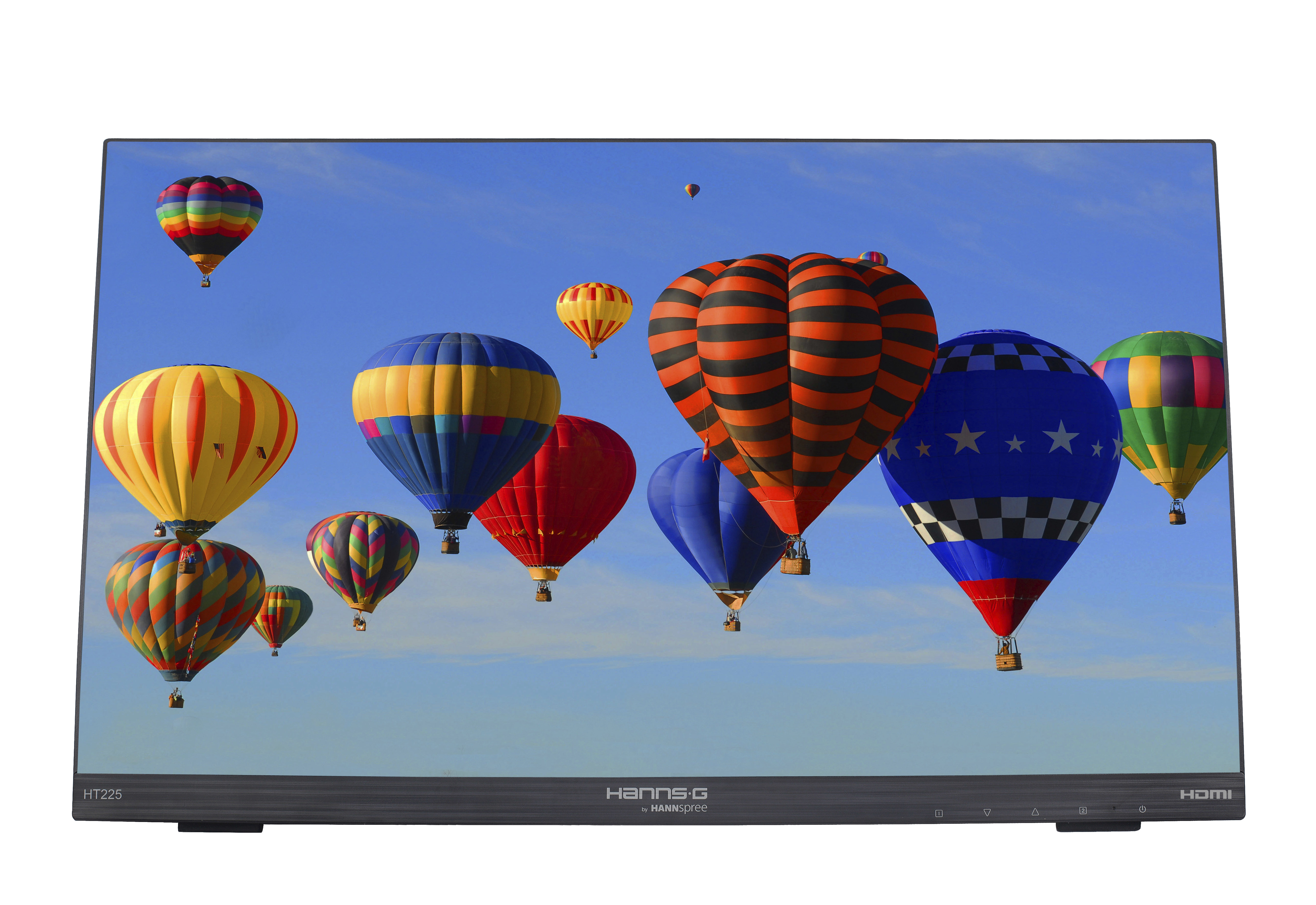 Monitor mit bunten Heißluftballons vor blauem Himmel. Der Monitor ist schwarz.