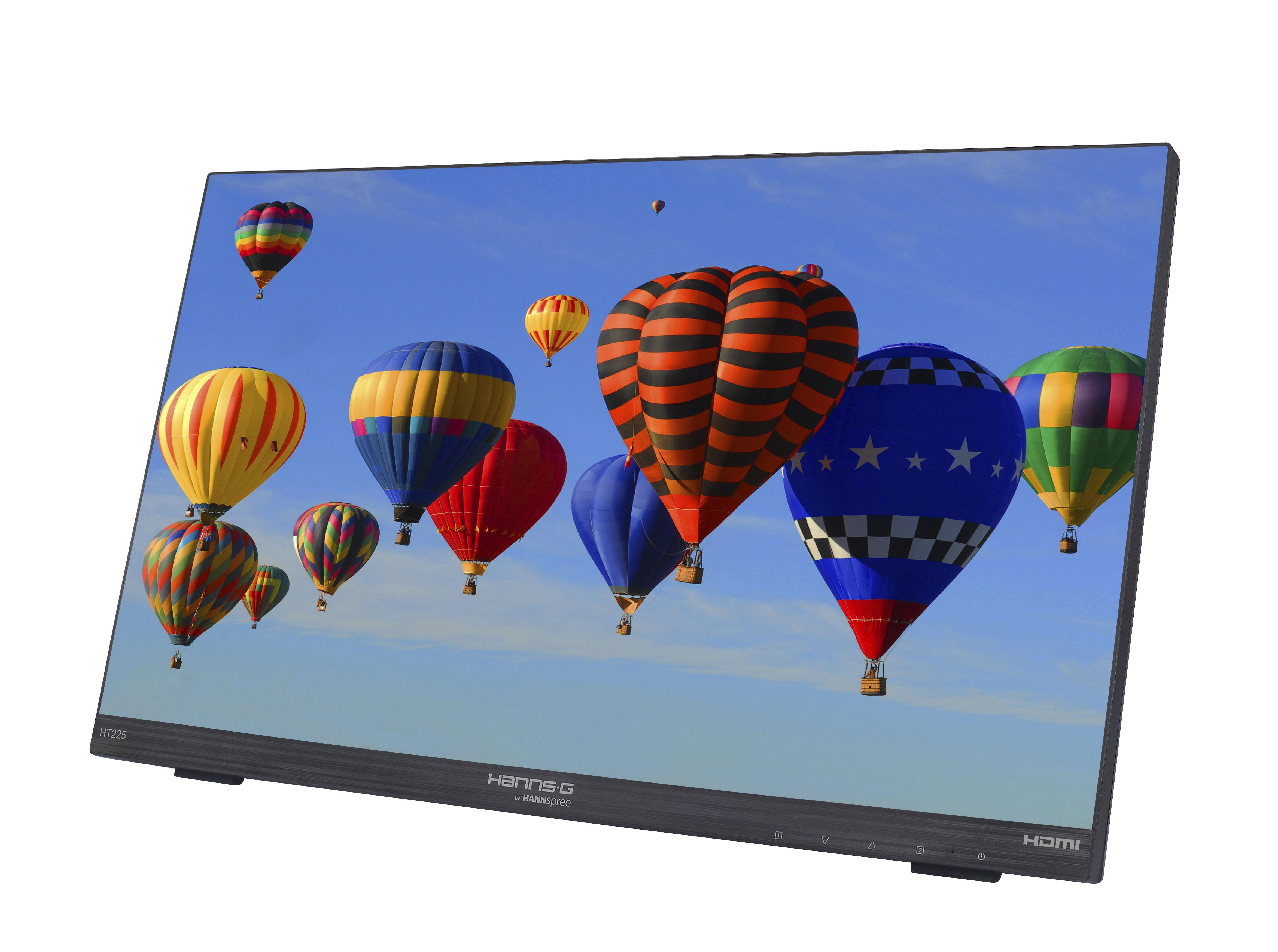 Ein Monitor zeigt Heißluftballons vor blauem Himmel. Der Monitor hat einen schwarzen Rahmen und ist angewinkelt.