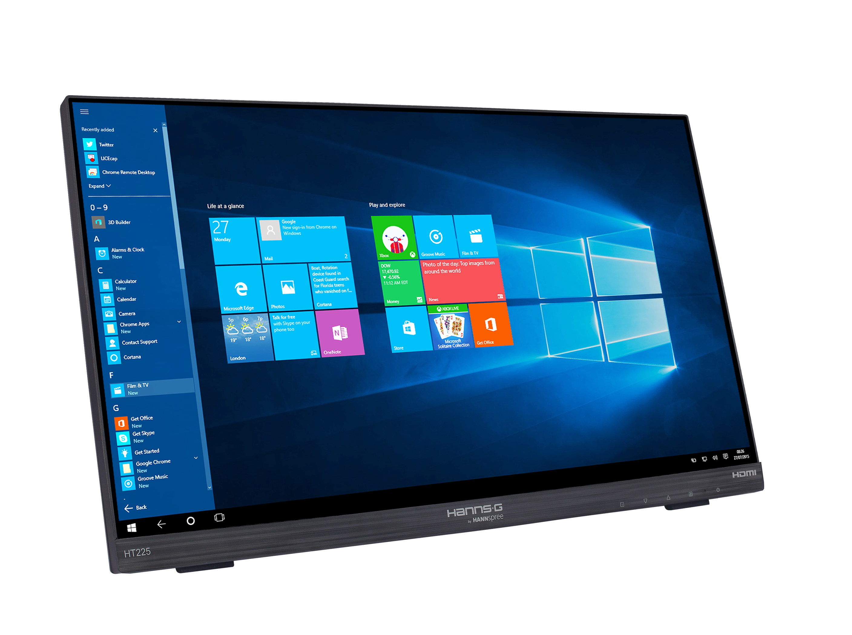 Schwarzer Hanns G Monitor, der einen Windows-Bildschirm anzeigt. Der Monitor ist auf einer weißen Oberfläche angewinkelt.