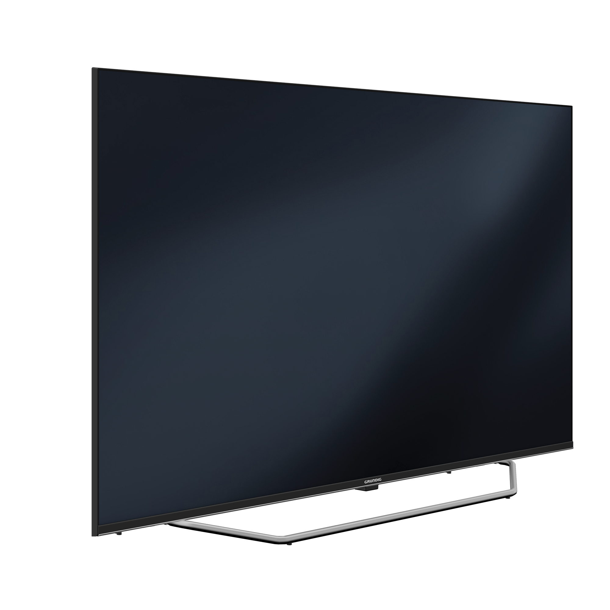 Un elegante televisor Grundig negro con un soporte plateado minimalista.