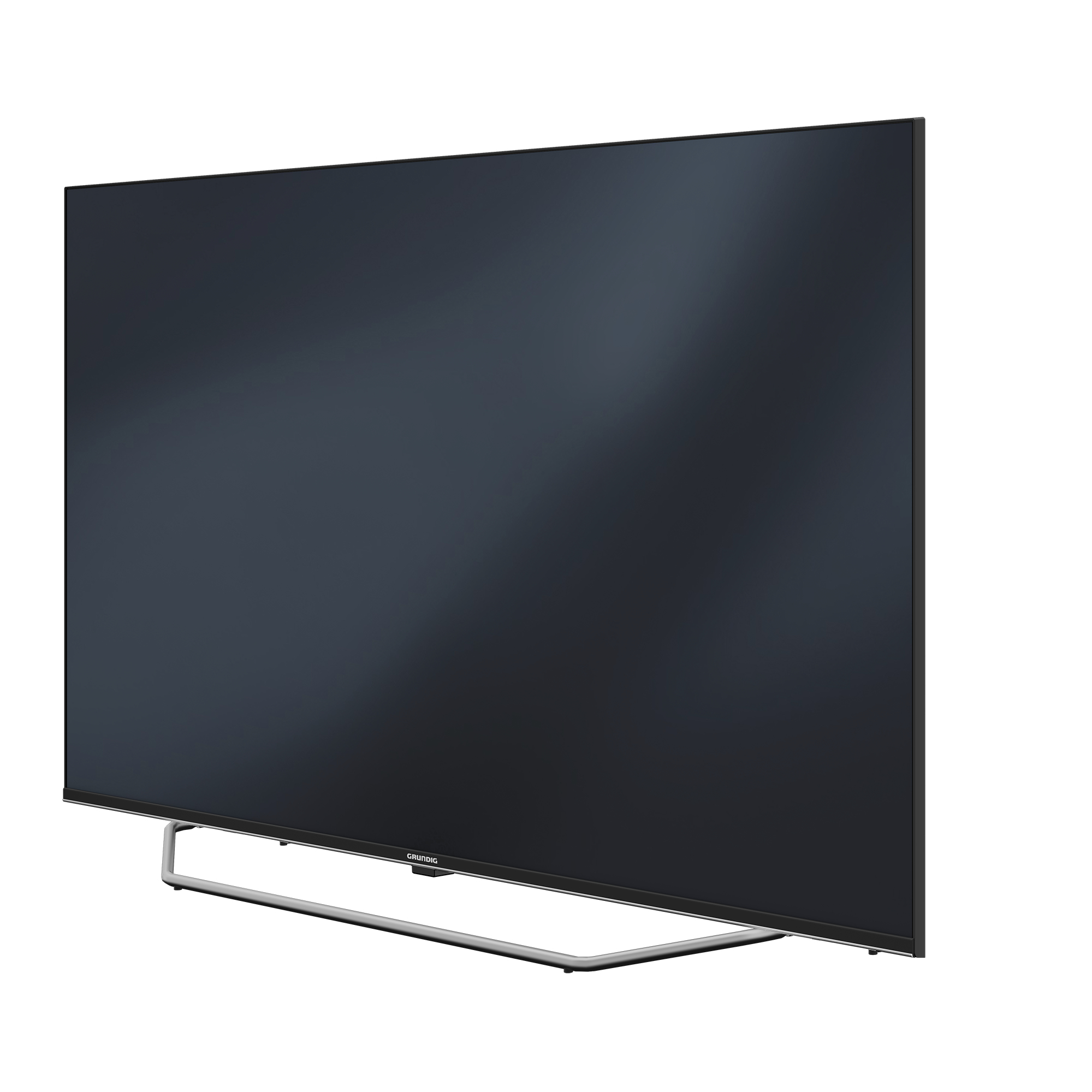 Un televisor negro de lado. Tiene un soporte plateado delgado.