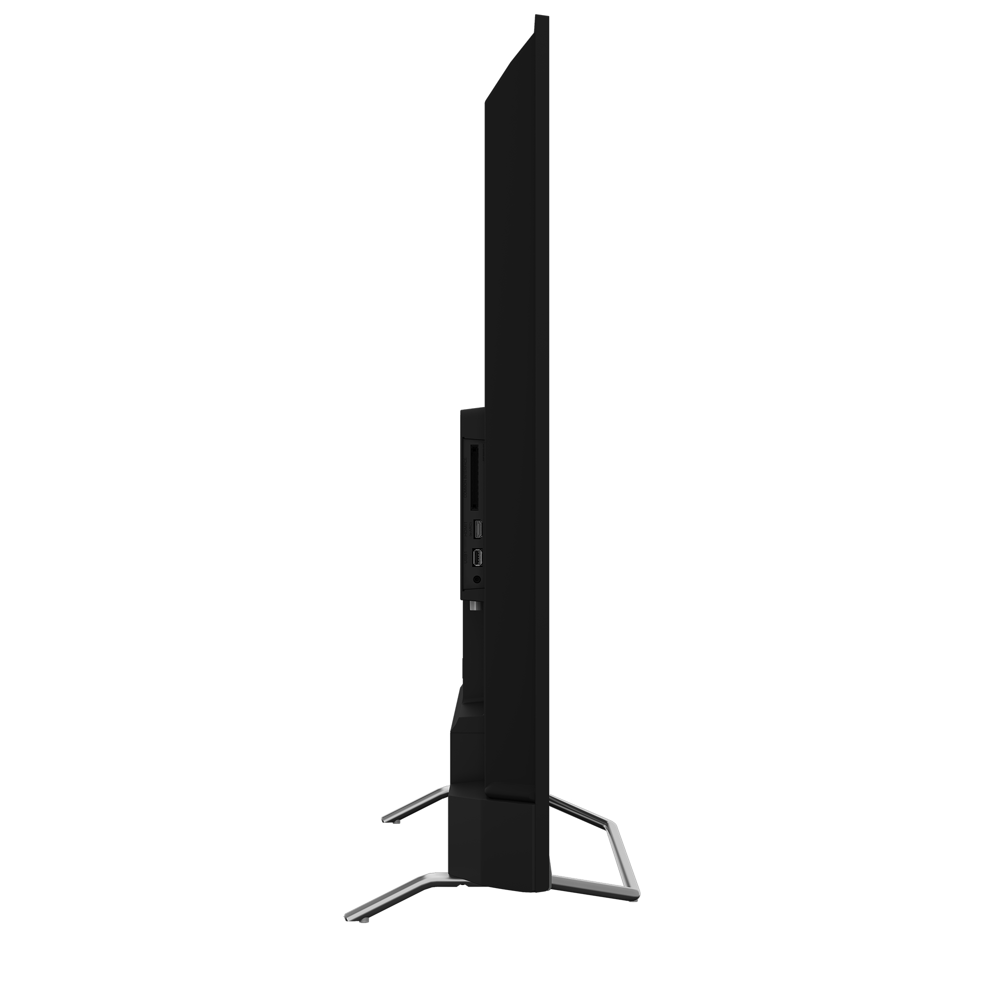 Vista lateral de un televisor negro con soporte. Tiene puertos en el lateral.